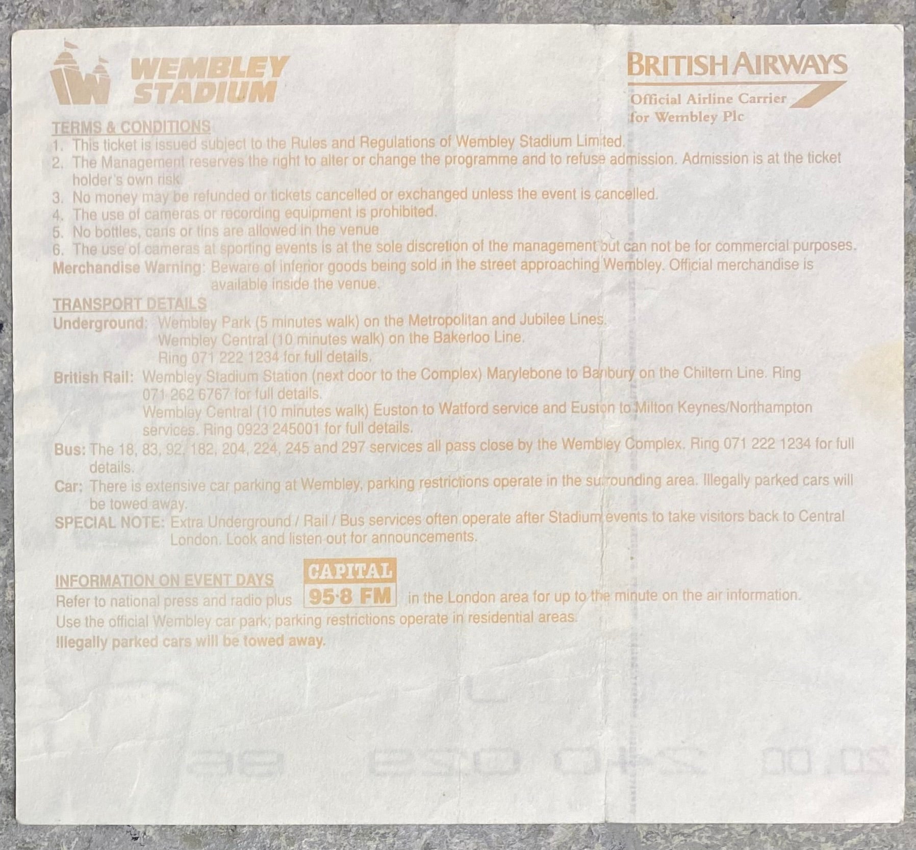 1993 ORIGINAL COCA COLA CUP FINAL TICKET ARSENAL V SHEFFIELD WEDNESDAY