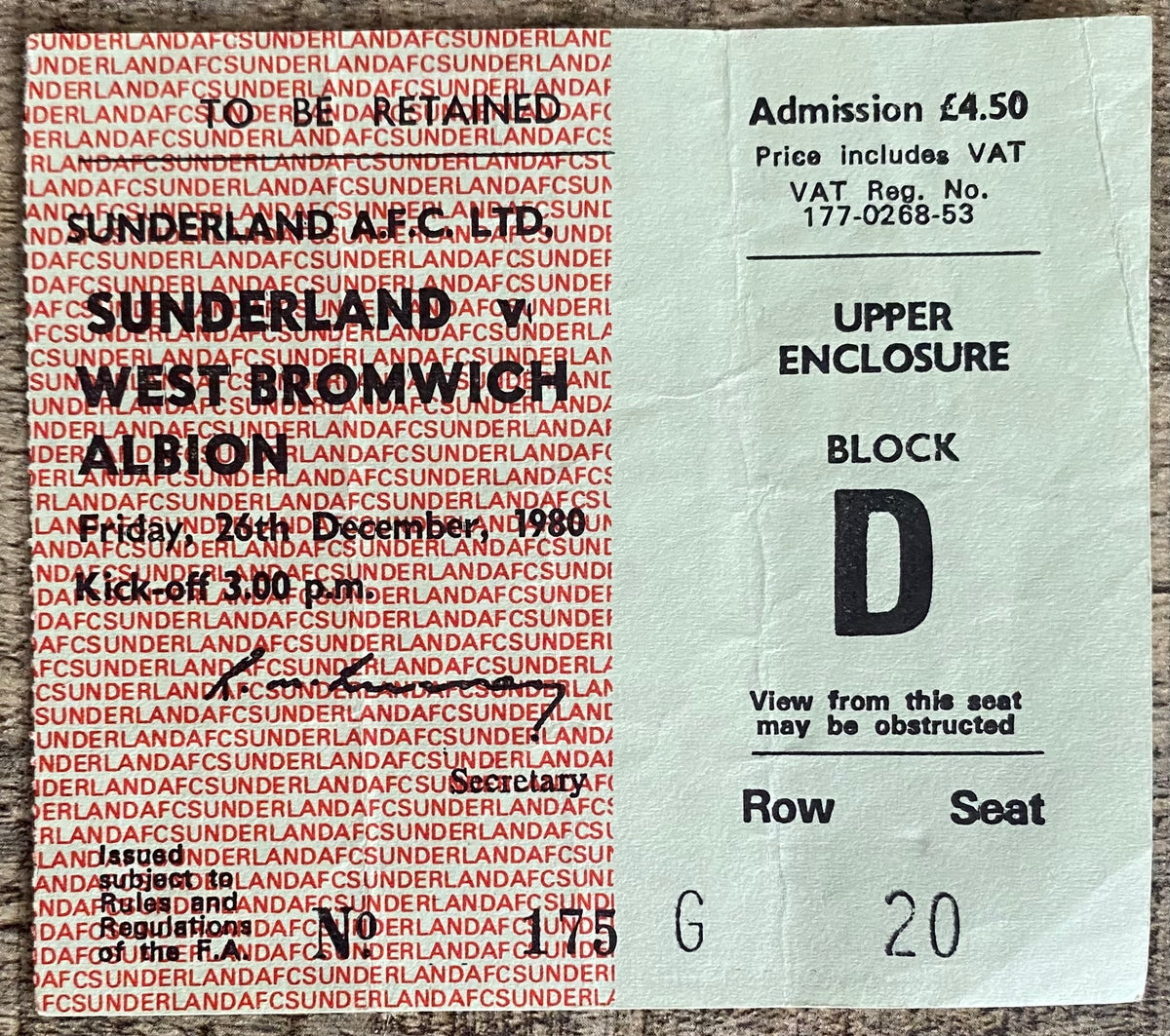 1980/81 ORIGINAL DIVISION 1 TICKET SUNDERLAND V WOLVERHAMPTON WANDERERS V WEST BROMWICH ALBION