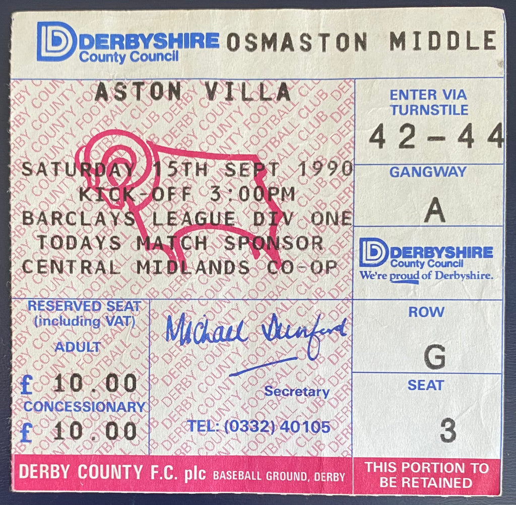 1990/91 ORIGINAL DIVISION 1 TICKET DERBY COUNTY V ASTON VILLA
