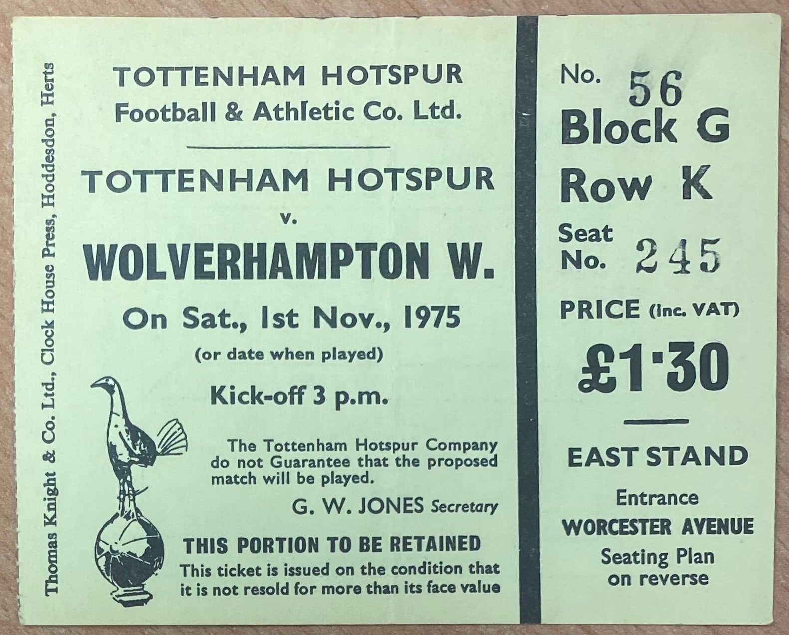 1975/76 ORIGINAL DIVISION ONE TICKET TOTTENHAM HOTSPUR V WOLVERHAMPTON WANDERERS