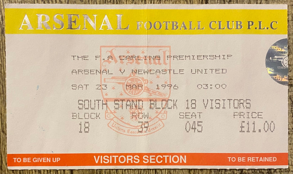 1995/96 ORIGINAL FA CARLING PREMIERSHIP TICKET ARSENAL V NEWCASTLE UNITED