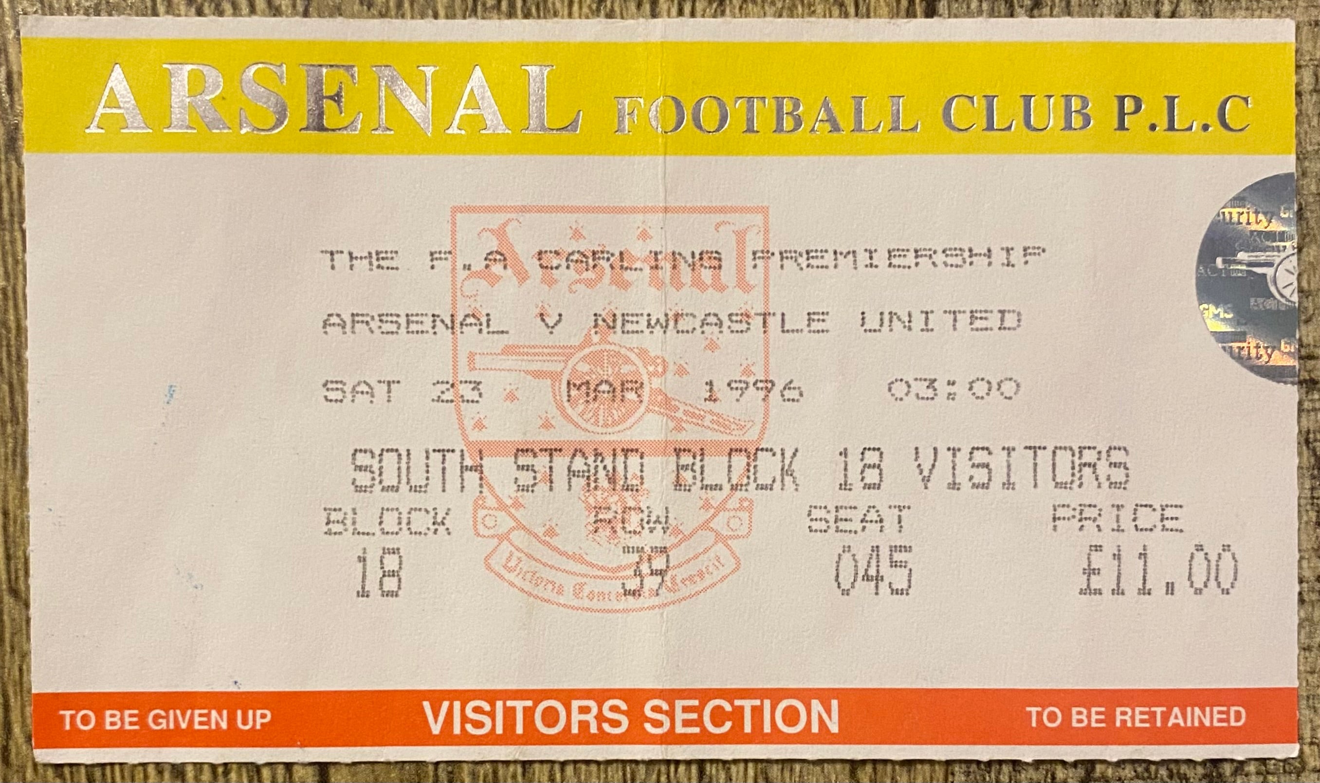1995/96 ORIGINAL FA CARLING PREMIERSHIP TICKET ARSENAL V NEWCASTLE UNITED