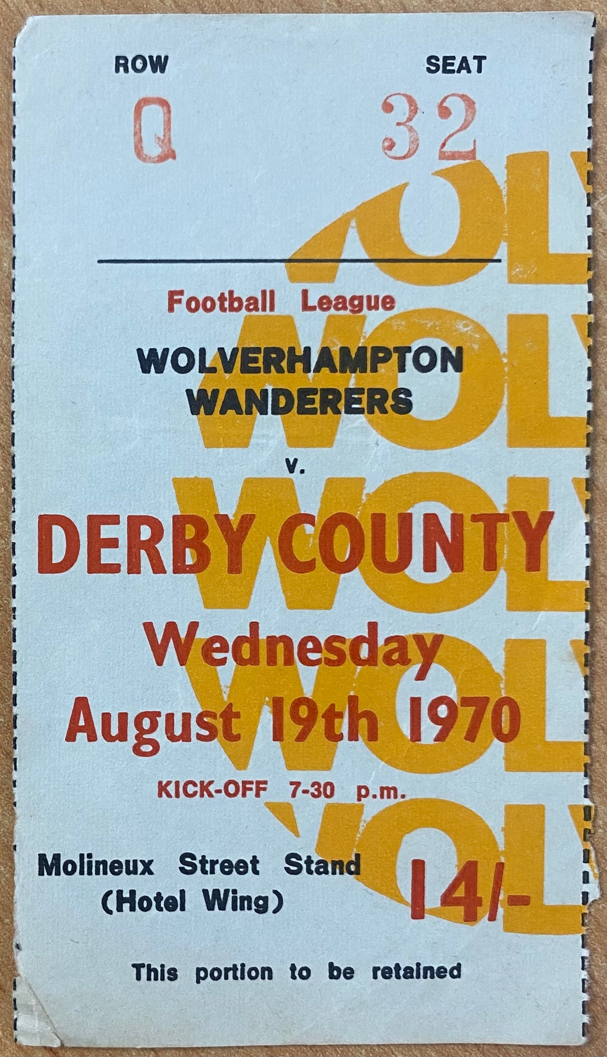 1970/71 ORIGINAL DIVISION ONE TICKET WOLVERHAMPTON WANDERERS V DERBY COUNTY