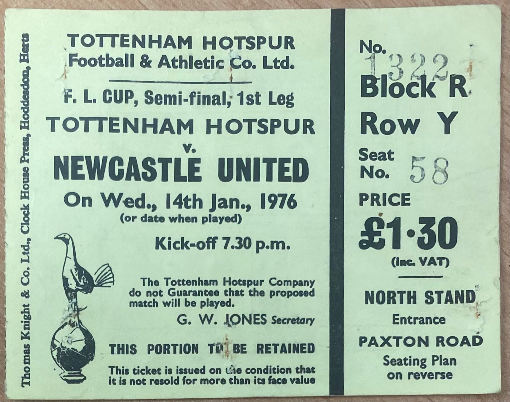 1975/76 ORIGINAL LEAGUE CUP SEMI FINAL 1ST LEG TICKET TOTTENHAM HOTSPUR V NEWCASTLE UNITED