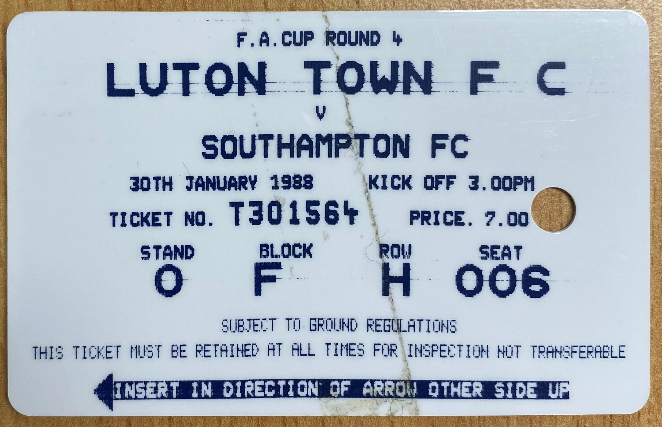 1987/88 ORIGINAL FA CUP 4TH ROUND TICKET LUTON TOWN V SOUTHAMPTON