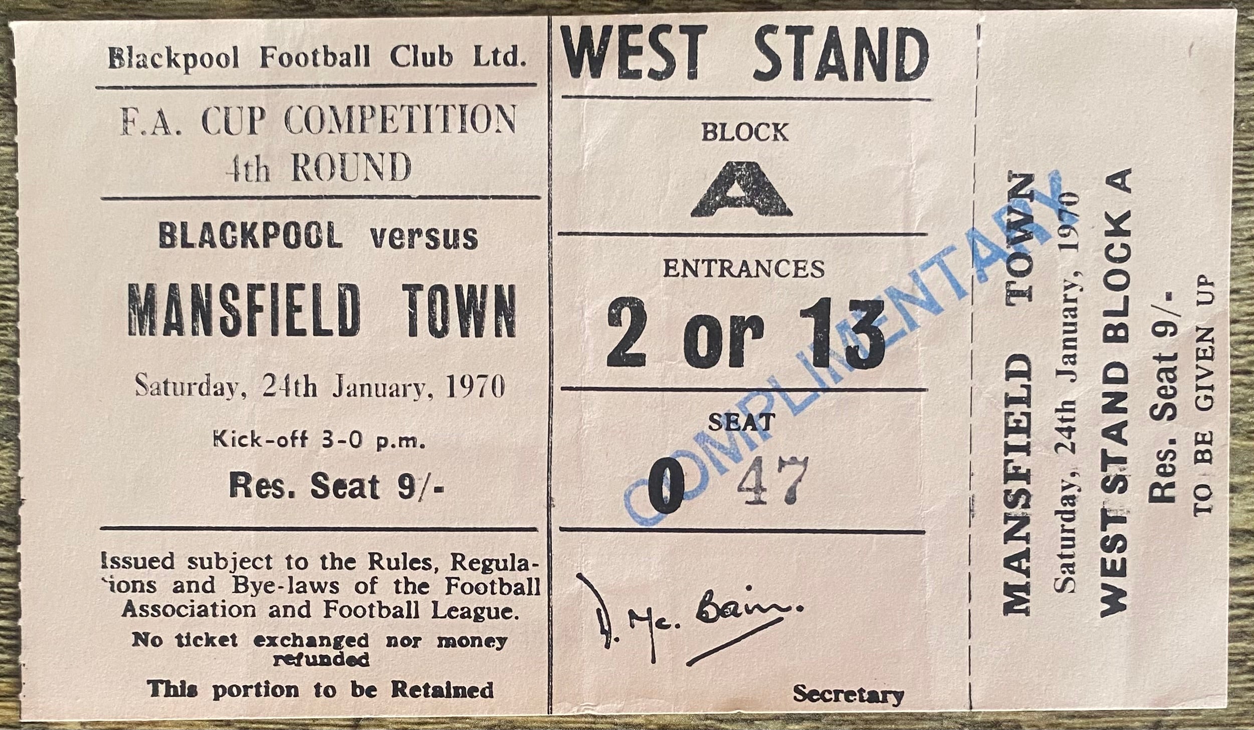 1969/70 ORIGINAL FA CUP 4TH ROUND UNUSED TICKET BLACKPOOL V MANSFIELD TOWN