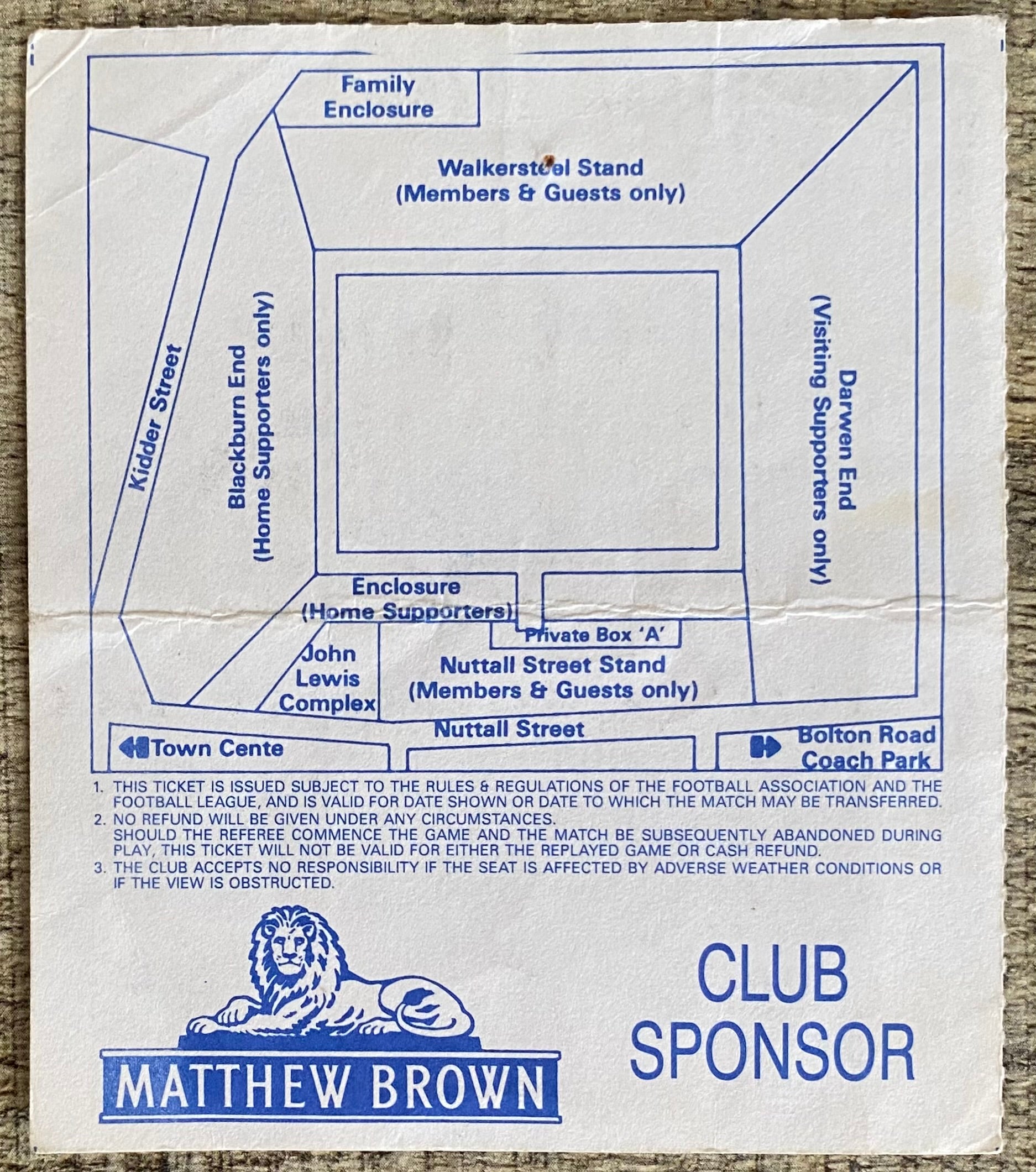 1991/92 ORIGINAL FA CUP 3RD ROUND TICKET BLACKBURN ROVERS V KETTERING TOWN