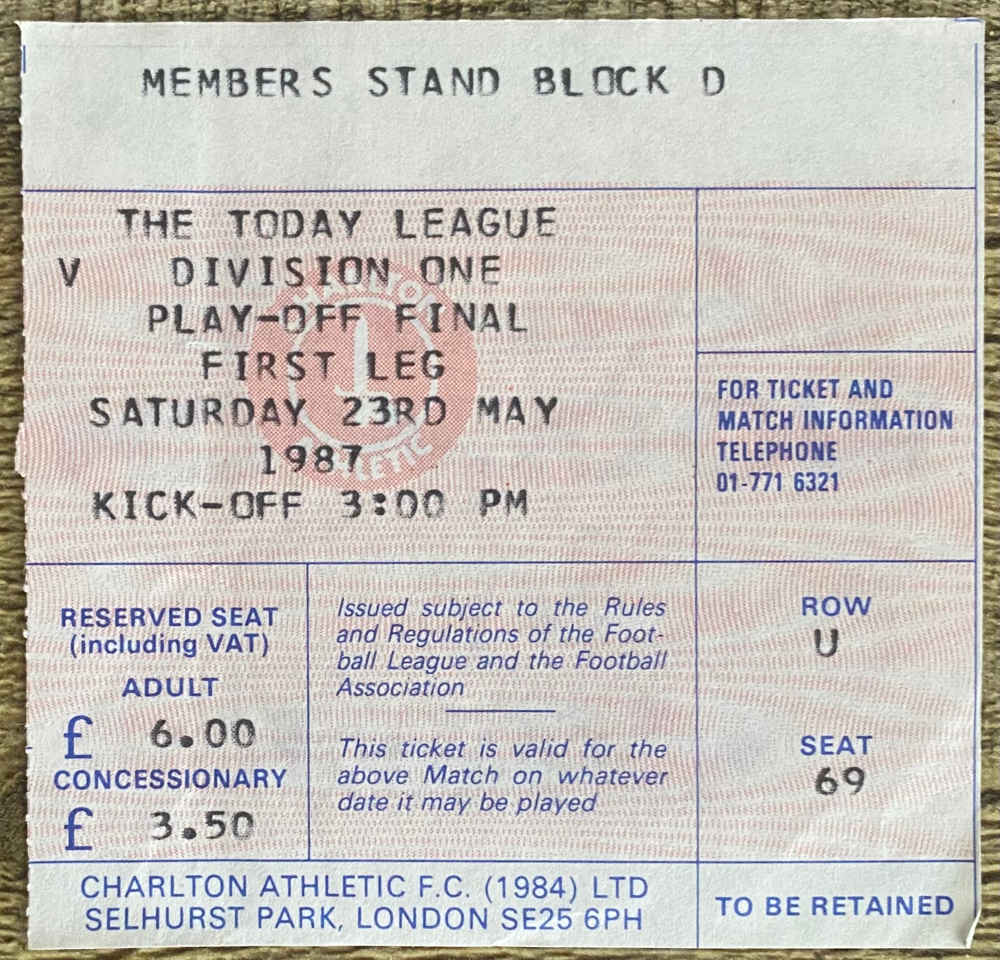 1986/87 ORIGINAL DIVISION 1 PLAY OFF FINAL 1ST LEG TICKET CHARLTON ATHLETIC V LEEDS UNITED