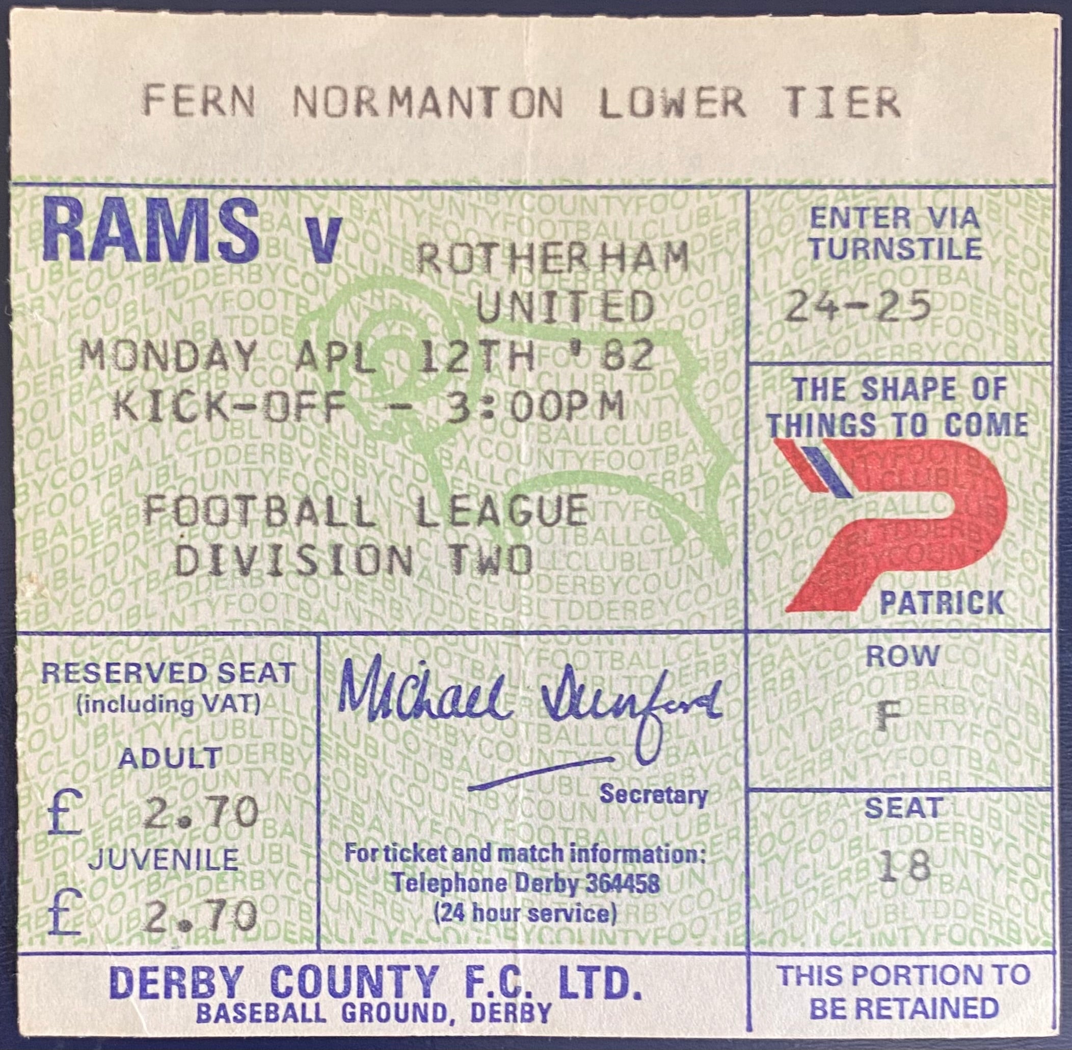 1981/82 ORIGINAL DIVISION 2 TICKET DERBY COUNTY V ROTHERHAM UNITED