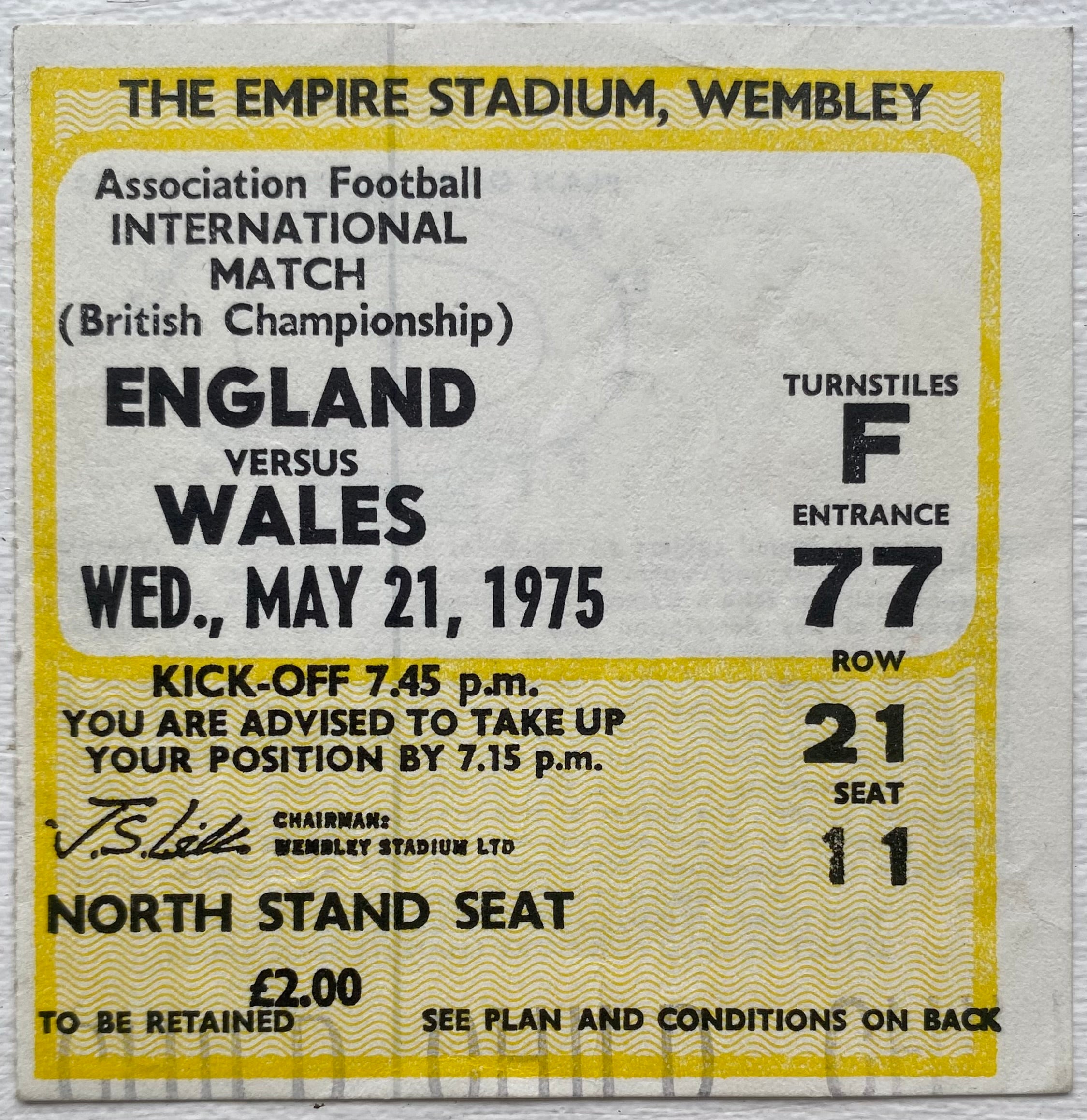 1975 ORIGINAL BRITISH HOME INTERNATIONAL CHAMPIONSHIPS TICKET ENGLAND V WALES