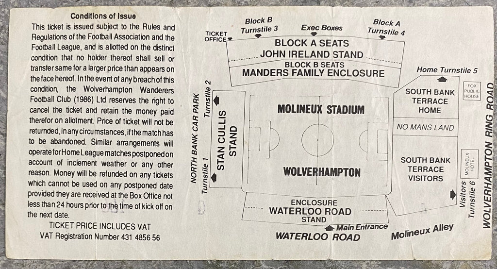 1992/93 ORIGINAL DIVISION 1 TICKET WOLVERHAMPTON WANDERERS V MILLWALL