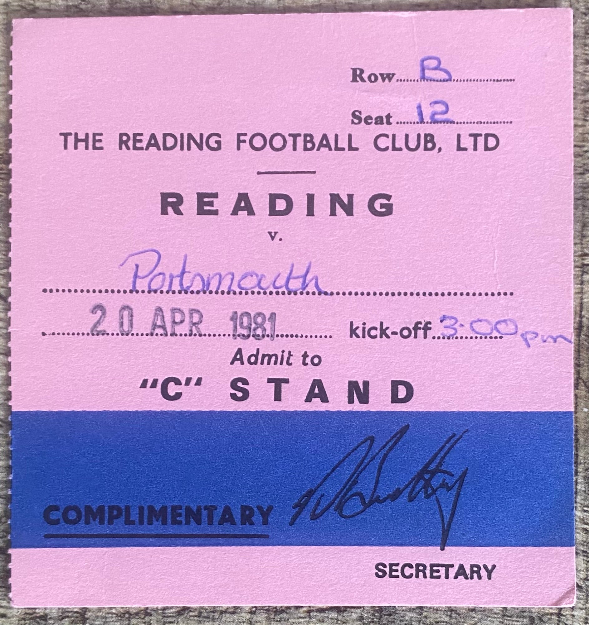 1980/81 ORIGINAL DIVISION 3 TICKET READING V PORTSMOUTH