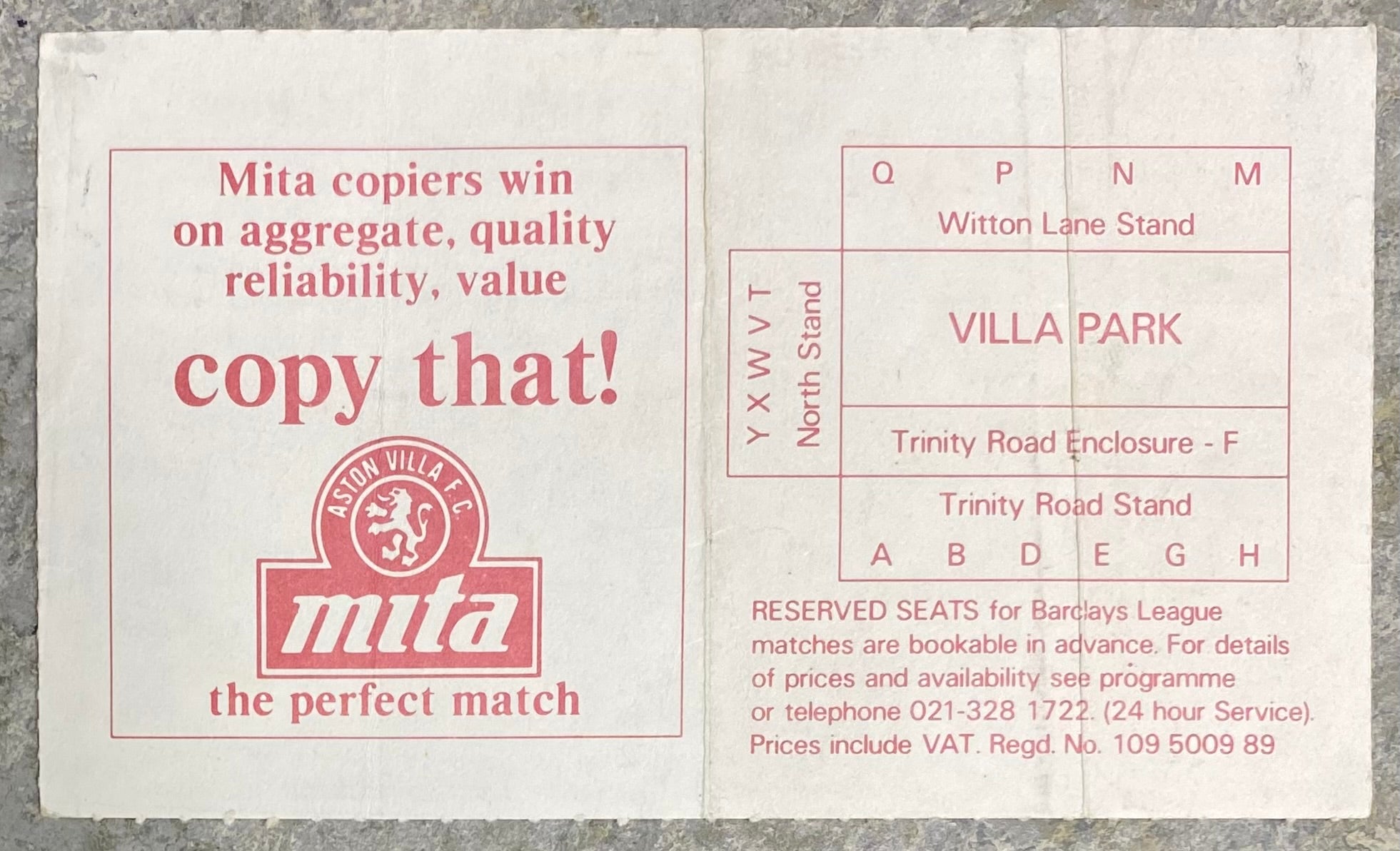 1989/90 ORIGINAL ZENITH DATA SYSTEMS CUP SEMI FINAL TICKET ASTON VILLA V LEEDS UNITED
