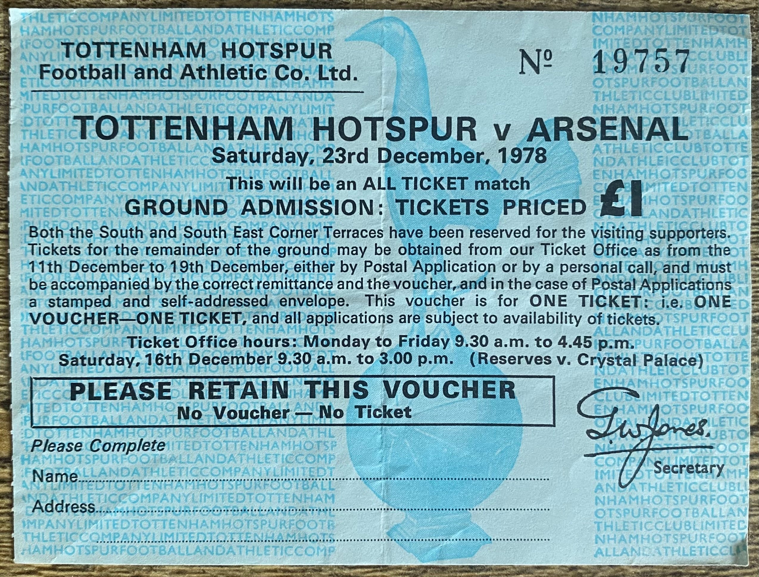 1978/79 ORIGINAL DIVISION ONE UNUSED VOUCHER FOR TOTTENHAM HOTSPUR V ARSENAL