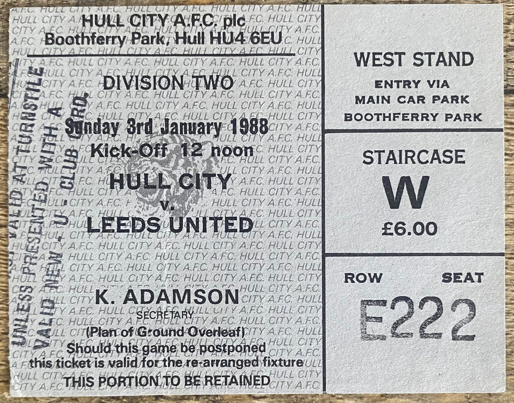 1987/88 ORIGINAL DIVISION 2 TICKET HULL CITY V LEEDS UNITED