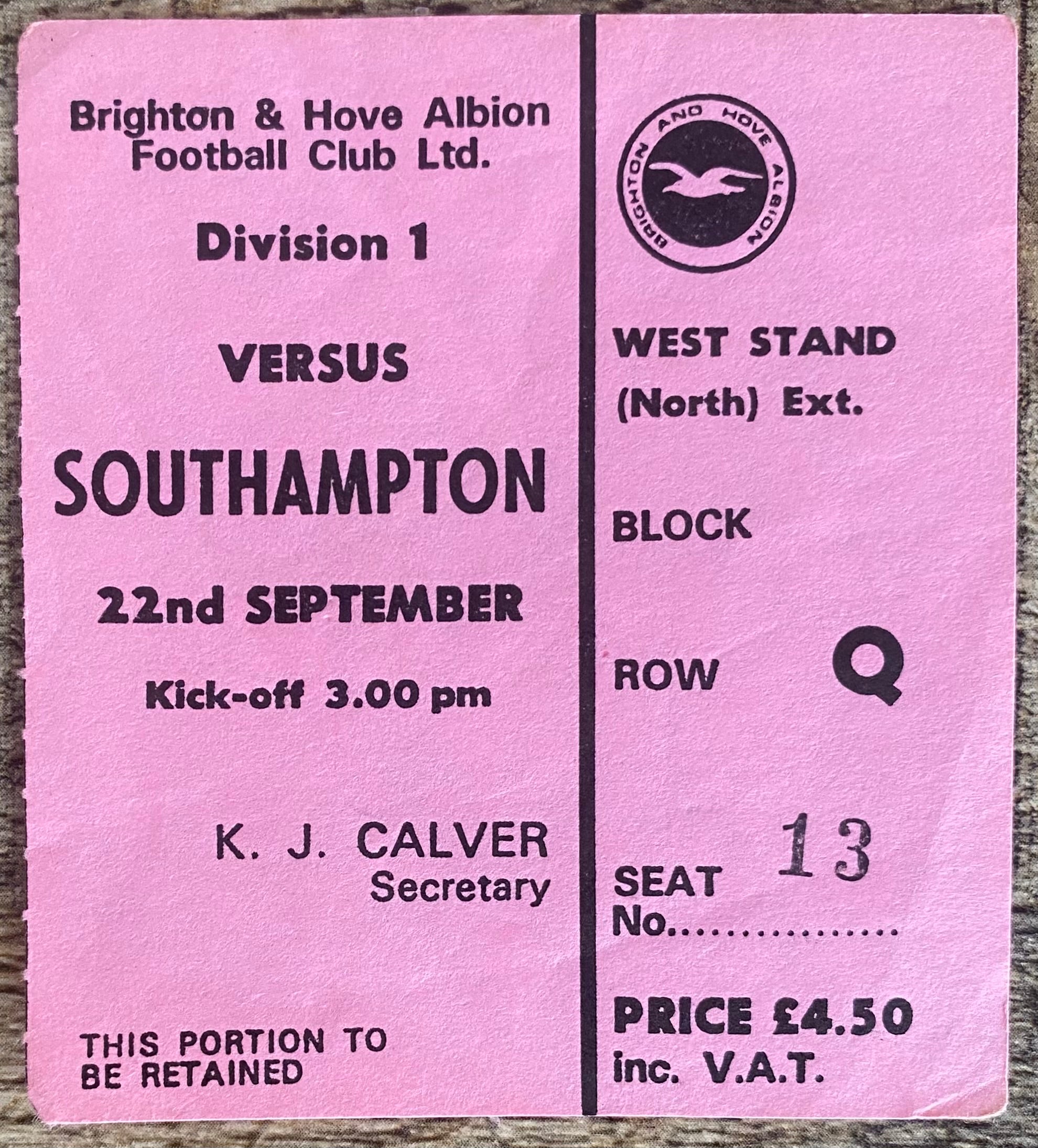 1979/80 ORIGINAL DIVISION 1 TICKET BRIGHTON AND HOVE ALBION V SOUTHAMPTON