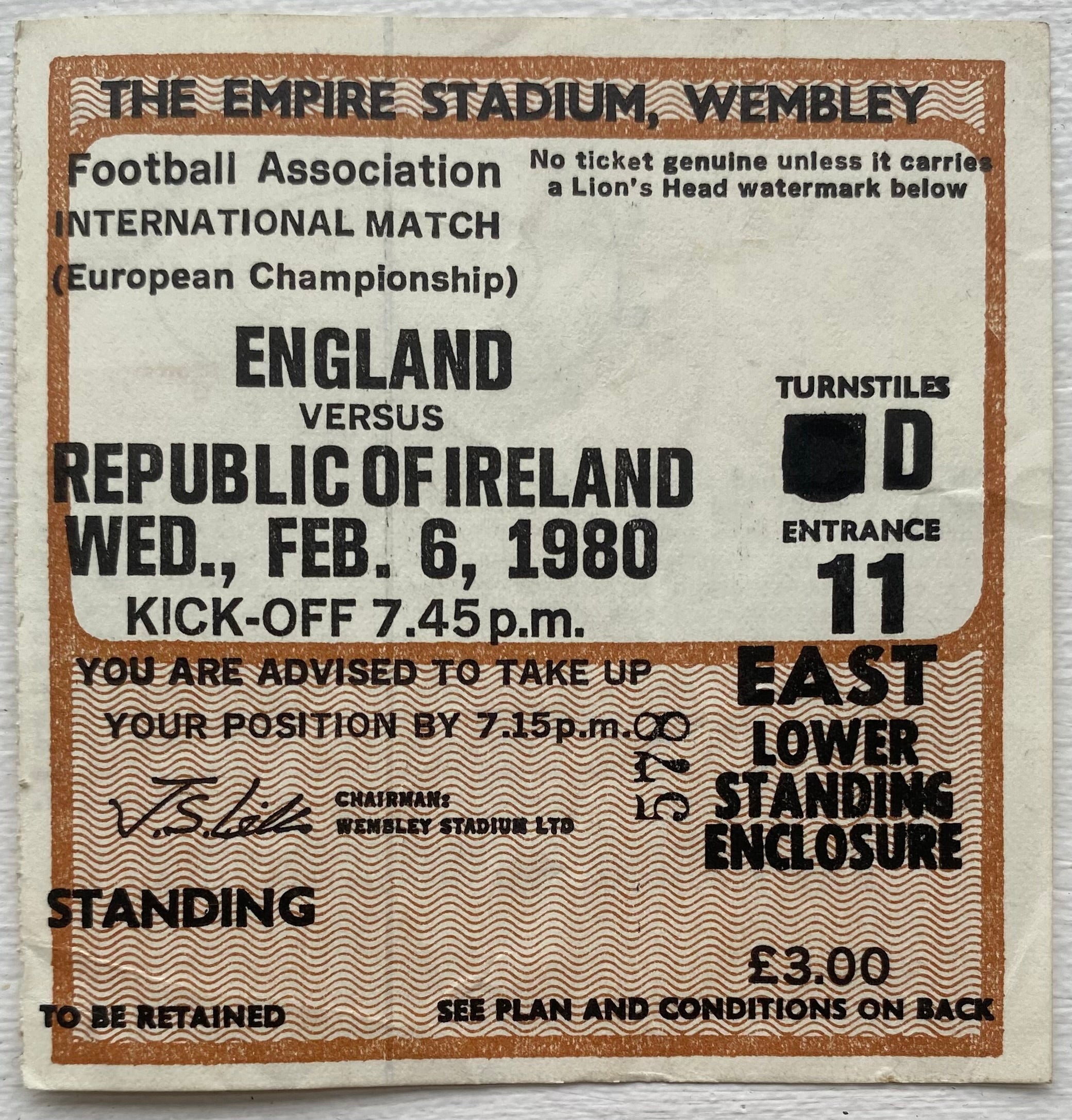 1980 ORIGINAL EUROPEAN CHAMPIONSHIPS QUALIFYING TICKET ENGLAND V REPUBLIC OF IRELAND