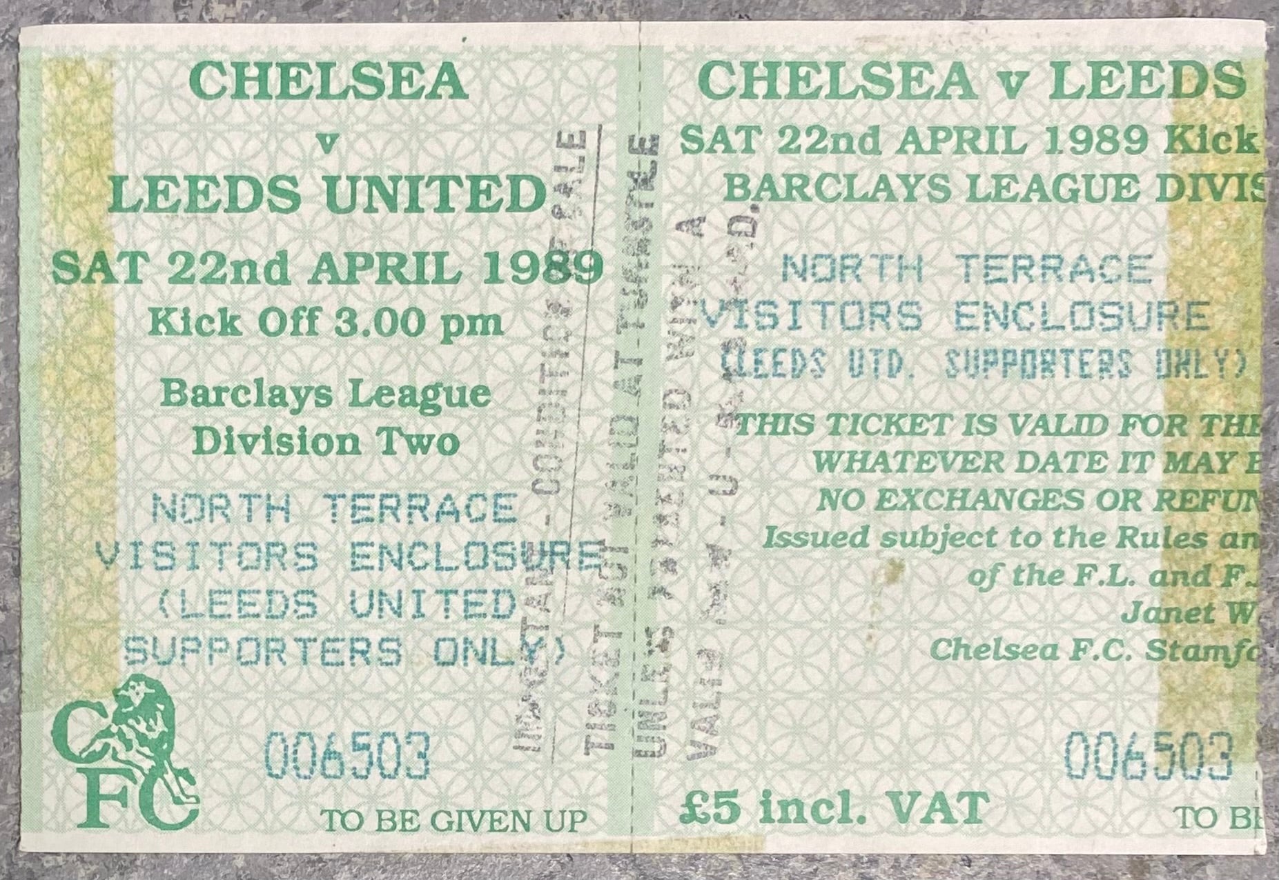 1988/89 ORIGINAL DIVISION TWO TICKET CHELSEA V LEEDS UNITED