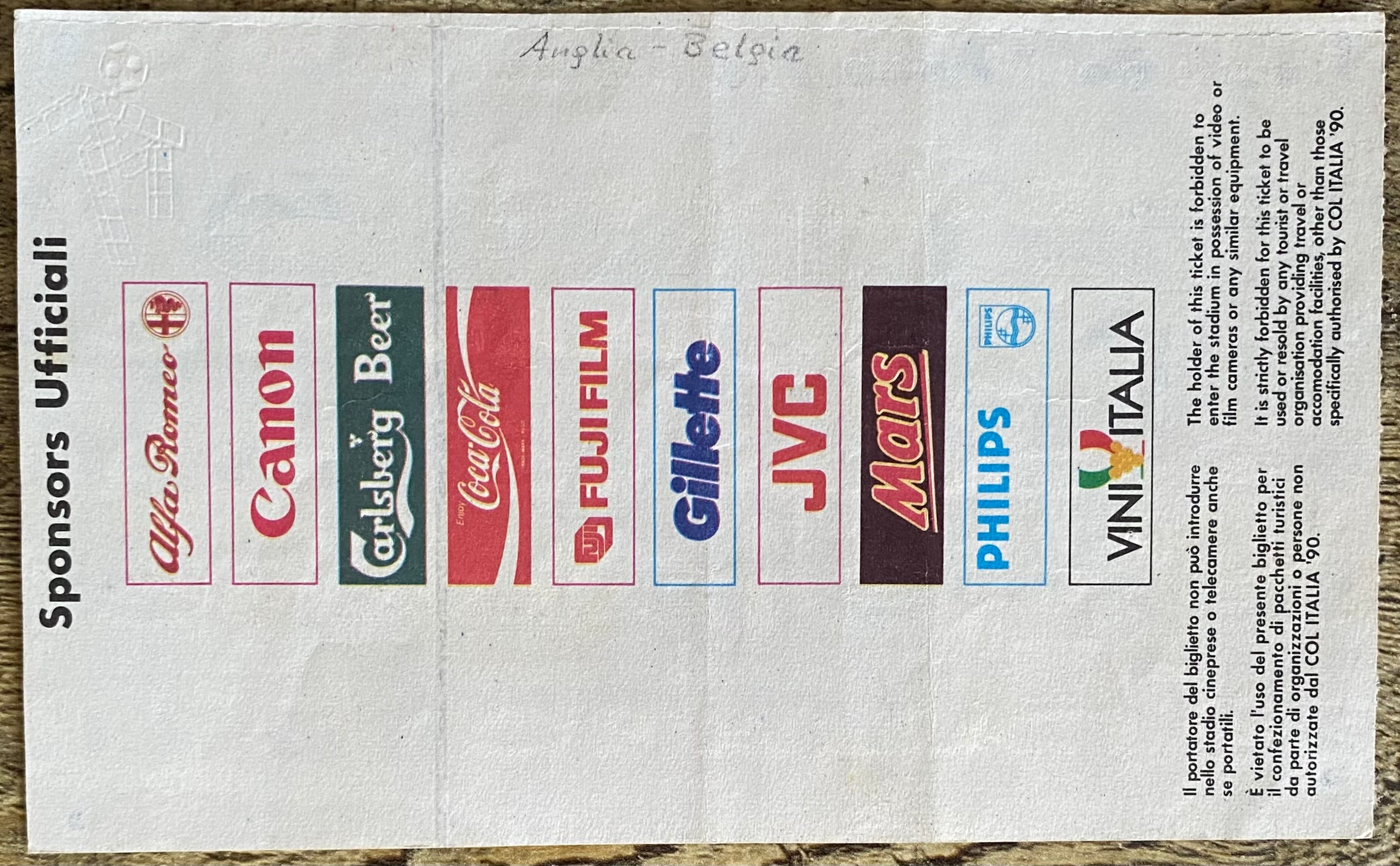 1990 ORIGINAL WORLD CUP 2ND ROUND TICKET ENGLAND V BELGIUM @ BOLOGNA