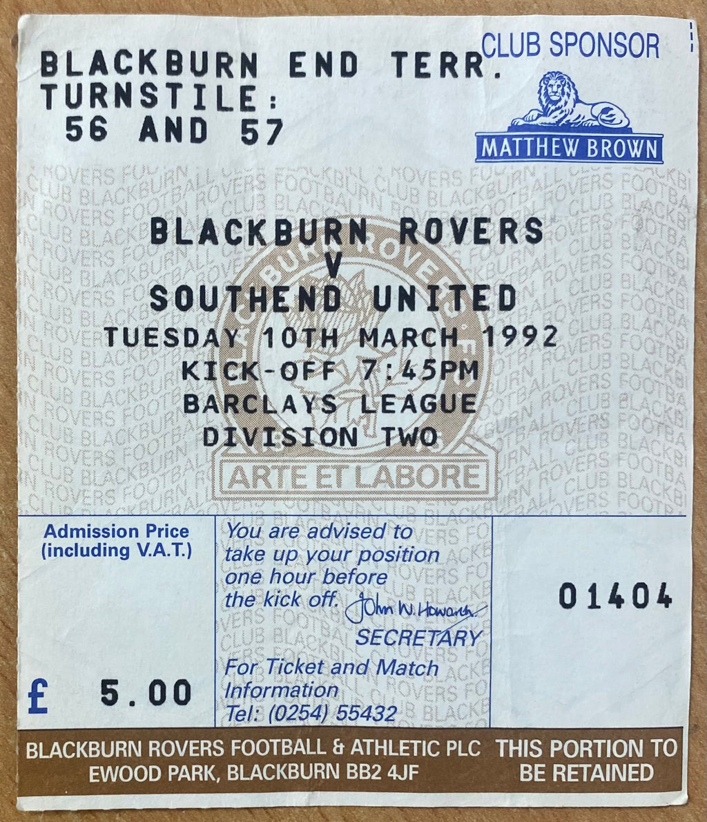 1991/92 ORIGINAL DIVISION 2 TICKET BLACKBURN ROVERS V SOUTHEND UNITED