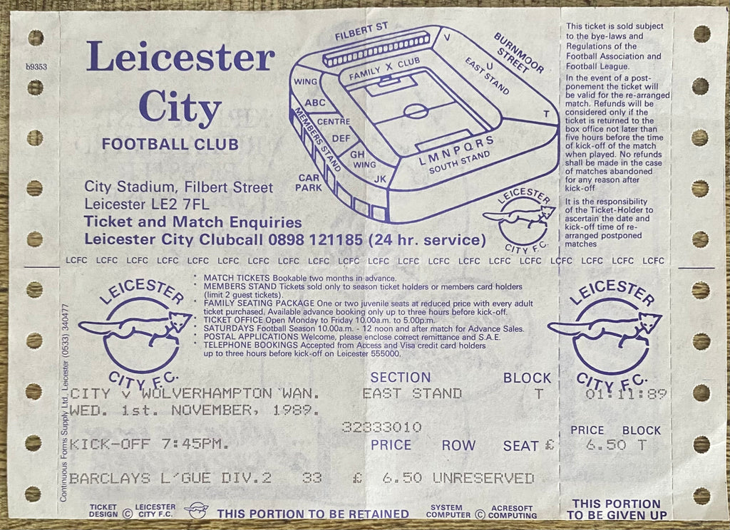 1989/90 ORIGINAL DIVISION 2 UNUSED TICKET LEICESTER CITY V WOPLVERHAMPTON WANDERERS