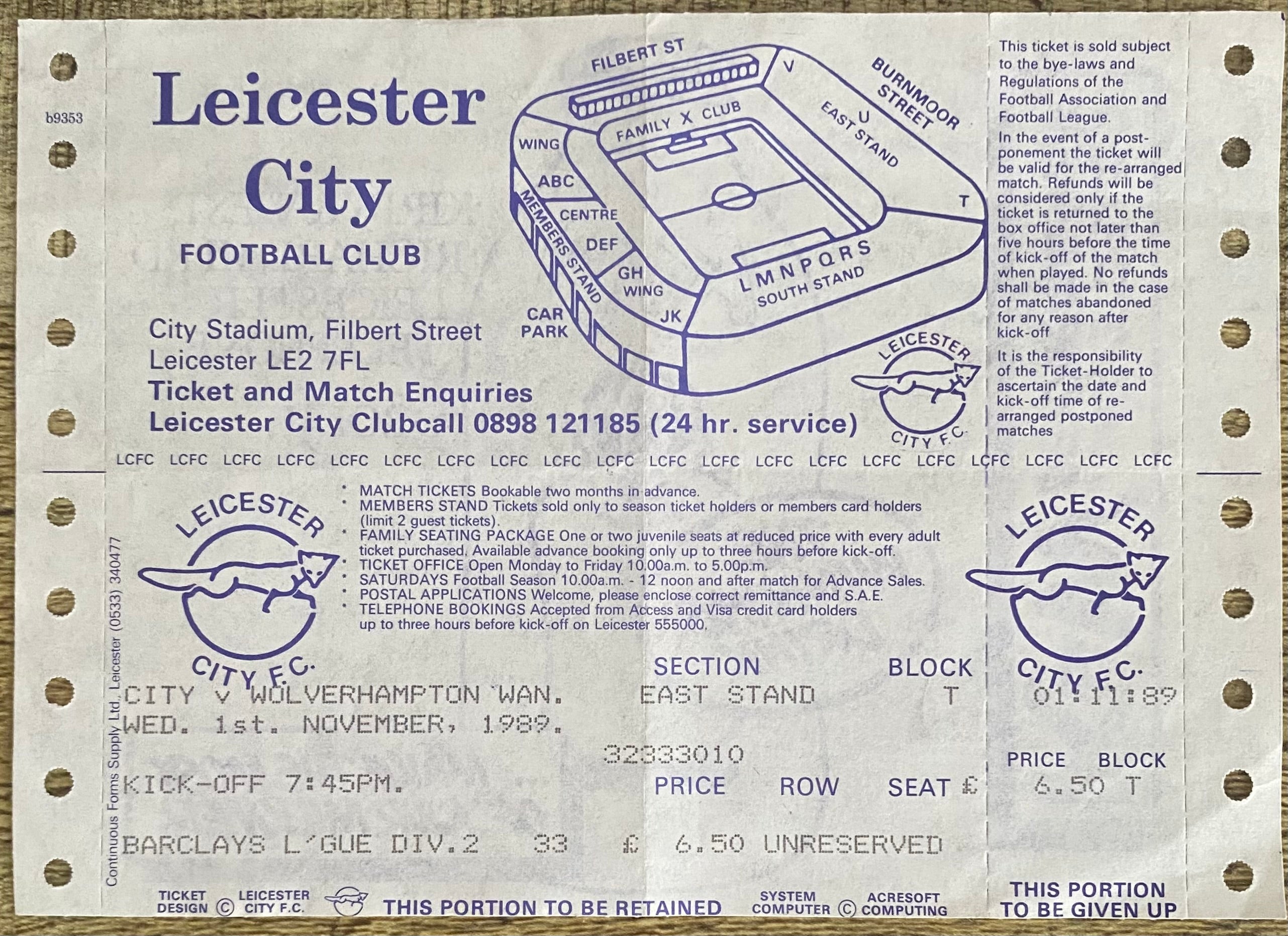 1989/90 ORIGINAL DIVISION 2 UNUSED TICKET LEICESTER CITY V WOPLVERHAMPTON WANDERERS