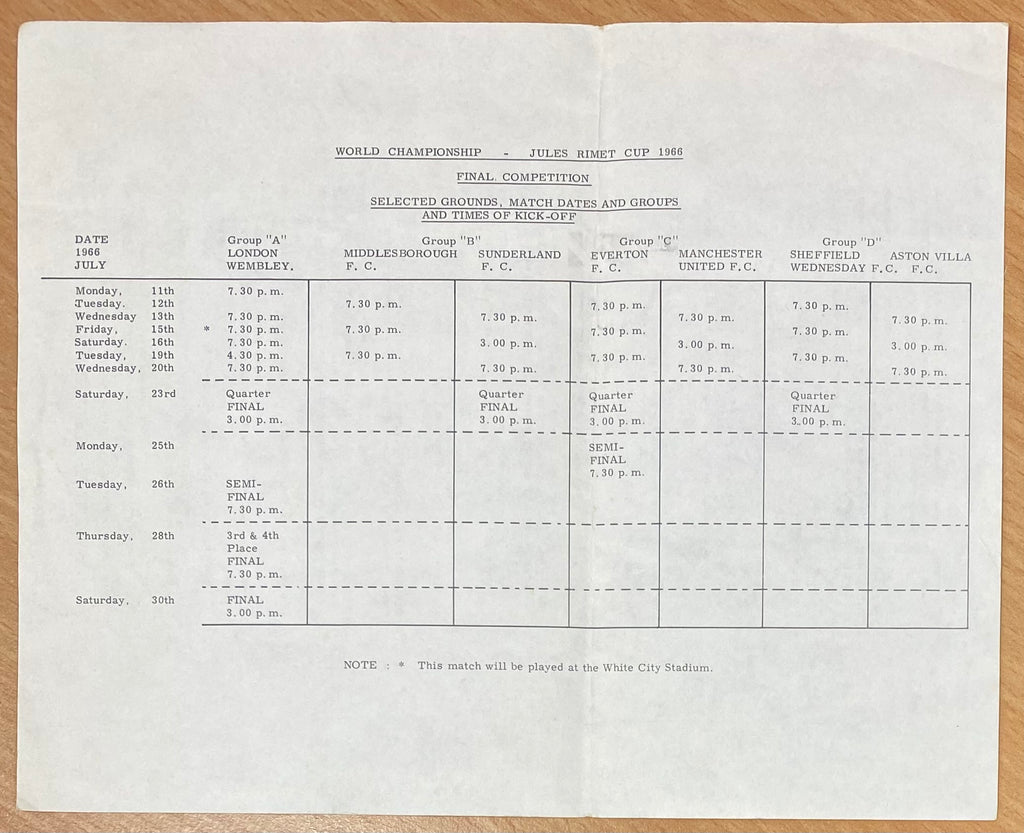 1966 WORLD CUP ORIGINAL OFFICIAL TICKET INFORMATION AND MATCH INFORMATION SHEET