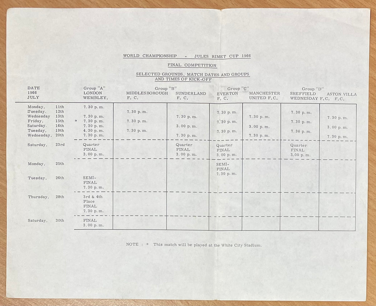1966 WORLD CUP ORIGINAL OFFICIAL TICKET INFORMATION AND MATCH INFORMATION SHEET