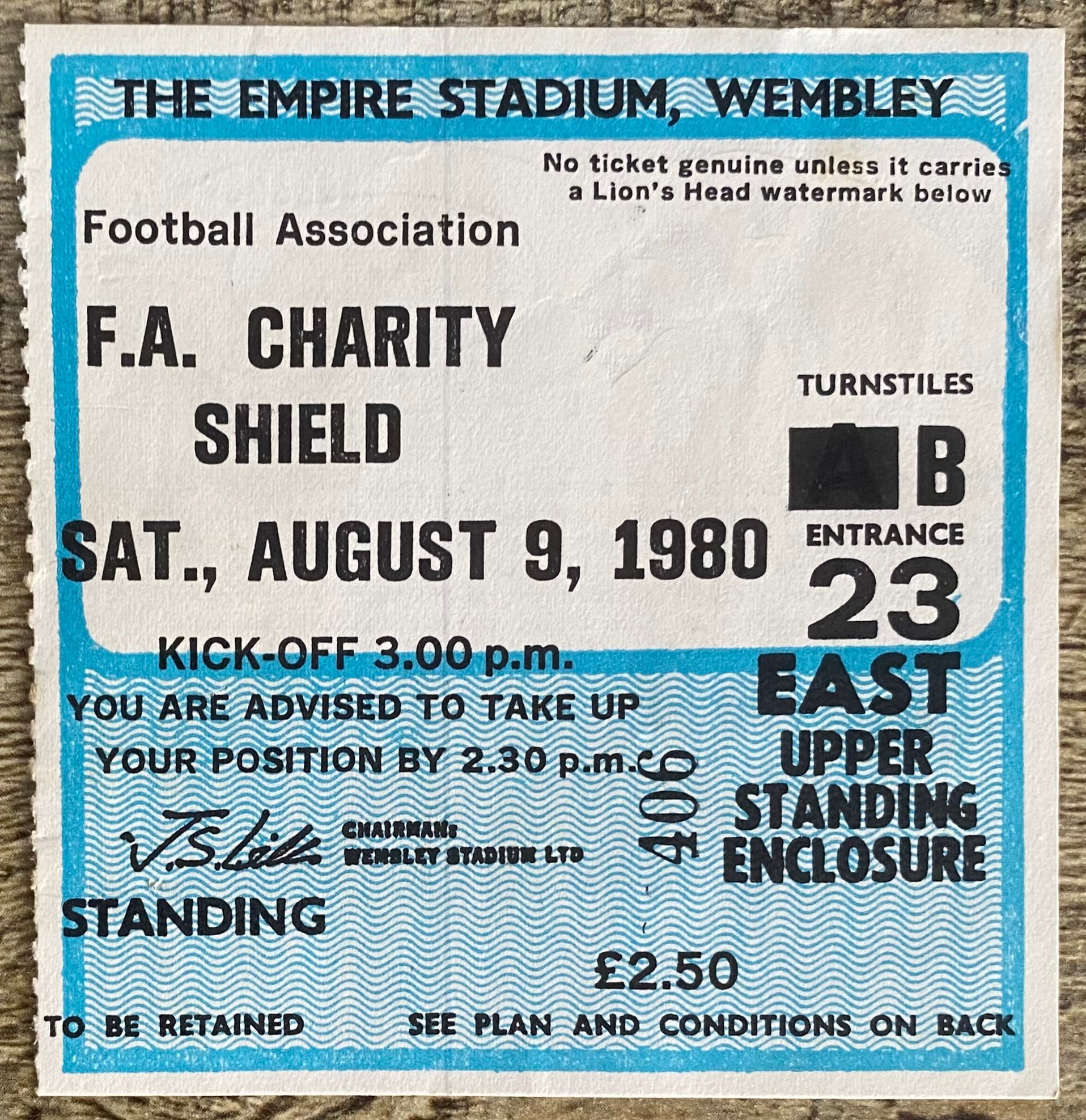 1980 ORIGINAL CHARITY SHIELD TICKET LIVERPOOL V WEST HAM UNITED