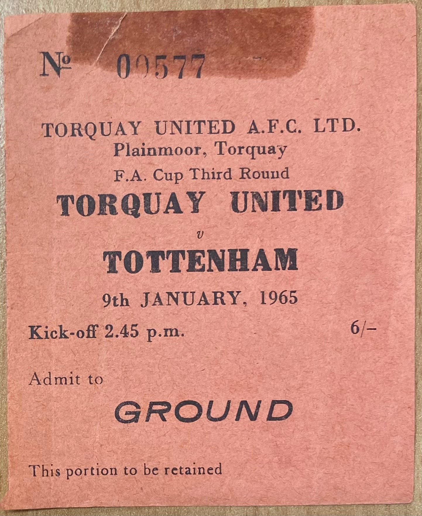 1964/65 ORIGINAL FA CUP 3RD ROUND TICKET TORQUAY UNITED V TOTTENHAM HOTSPUR