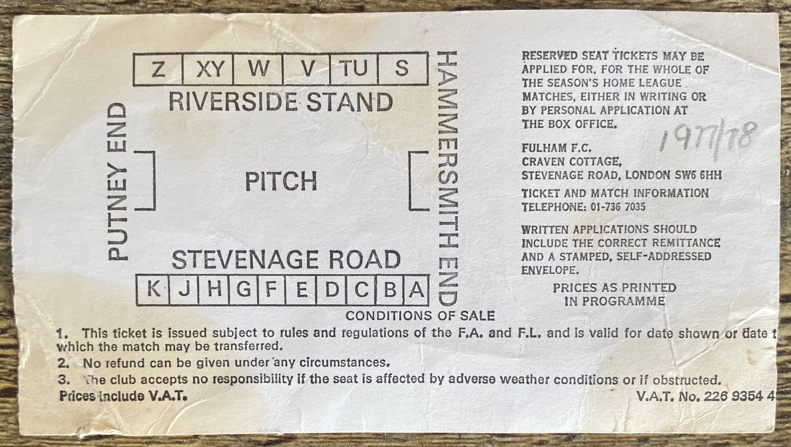 1977/78 ORIGINAL DIVISION 2 TICKET FULHAM V BRIGHTON AND HOVE ALBION