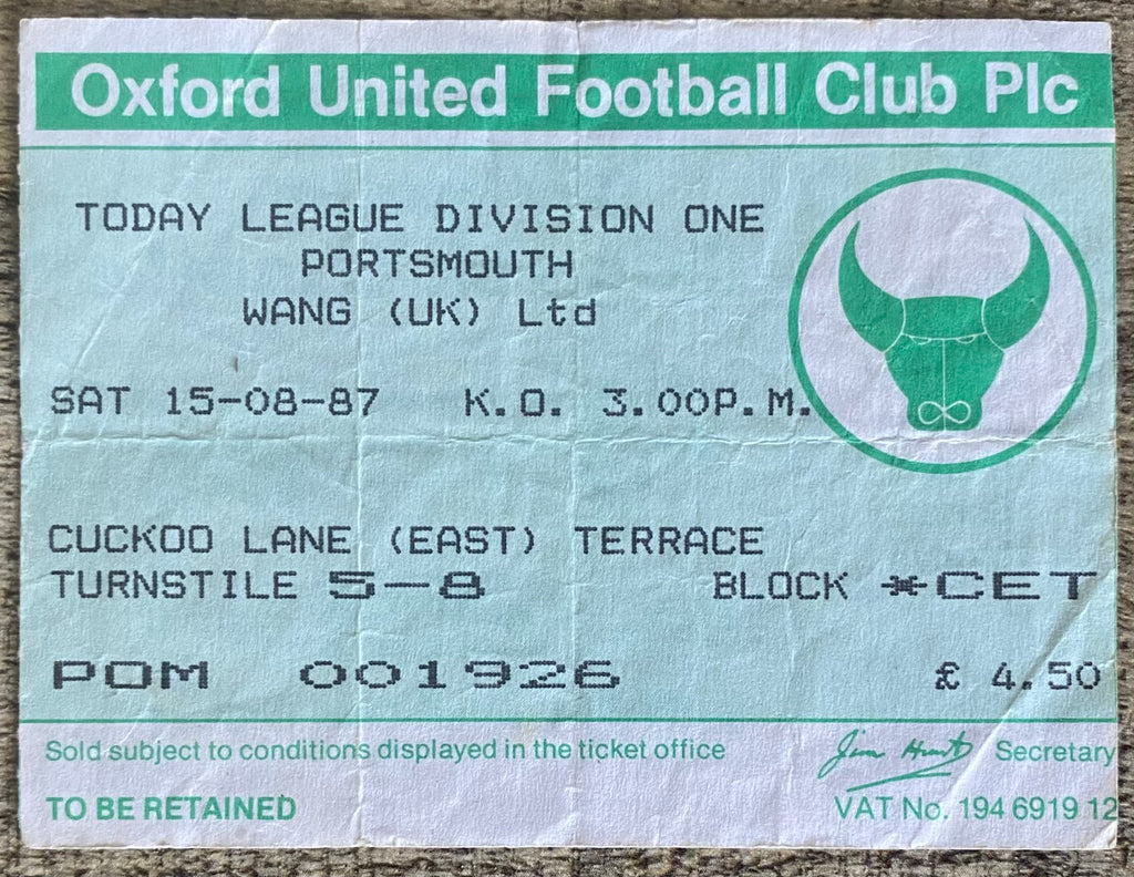 1987/88 ORIGINAL DIVISION 1 TICKET OXFORD UNITED V PORTSMOUTH