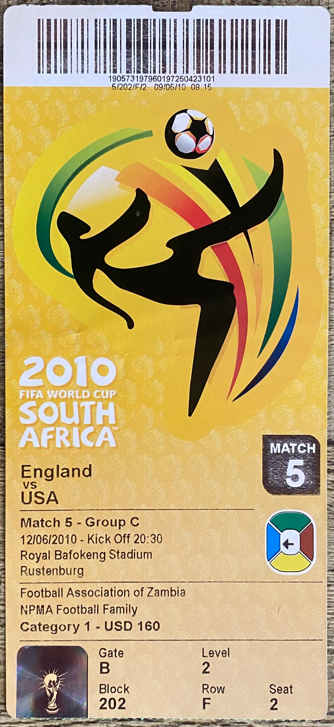 2010 ORIGINAL WORLD CUP 1ST ROUND TICKET ENGLAND V UNITED STATES  @ RUSTENBURG
