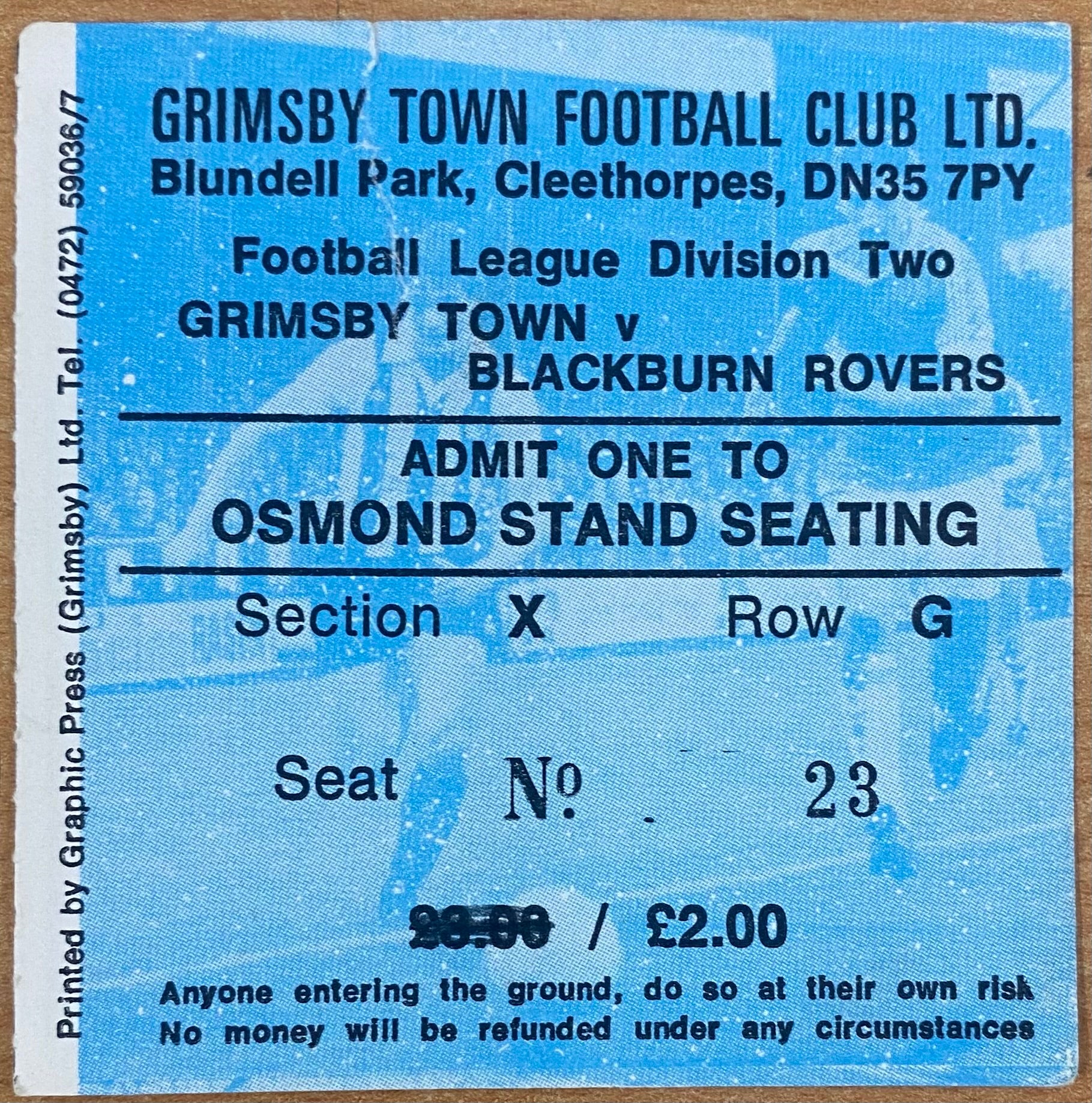 1980/81 ORIGINAL DIVISION TWO TICKET GRIMSBY TOWN V BLACKBURN ROVERS