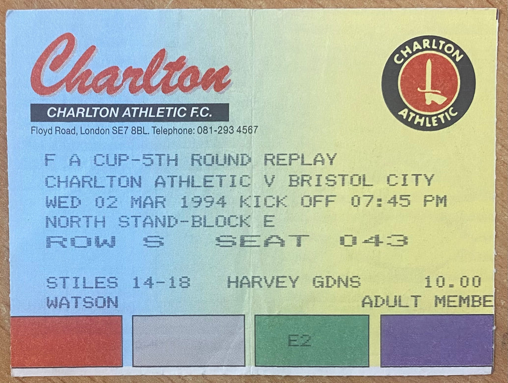 1993/94 ORIGINAL FA CUP 5TH ROUND REPLAY TICKET CHARLTON ATHLETIC V BRISTOL CITY