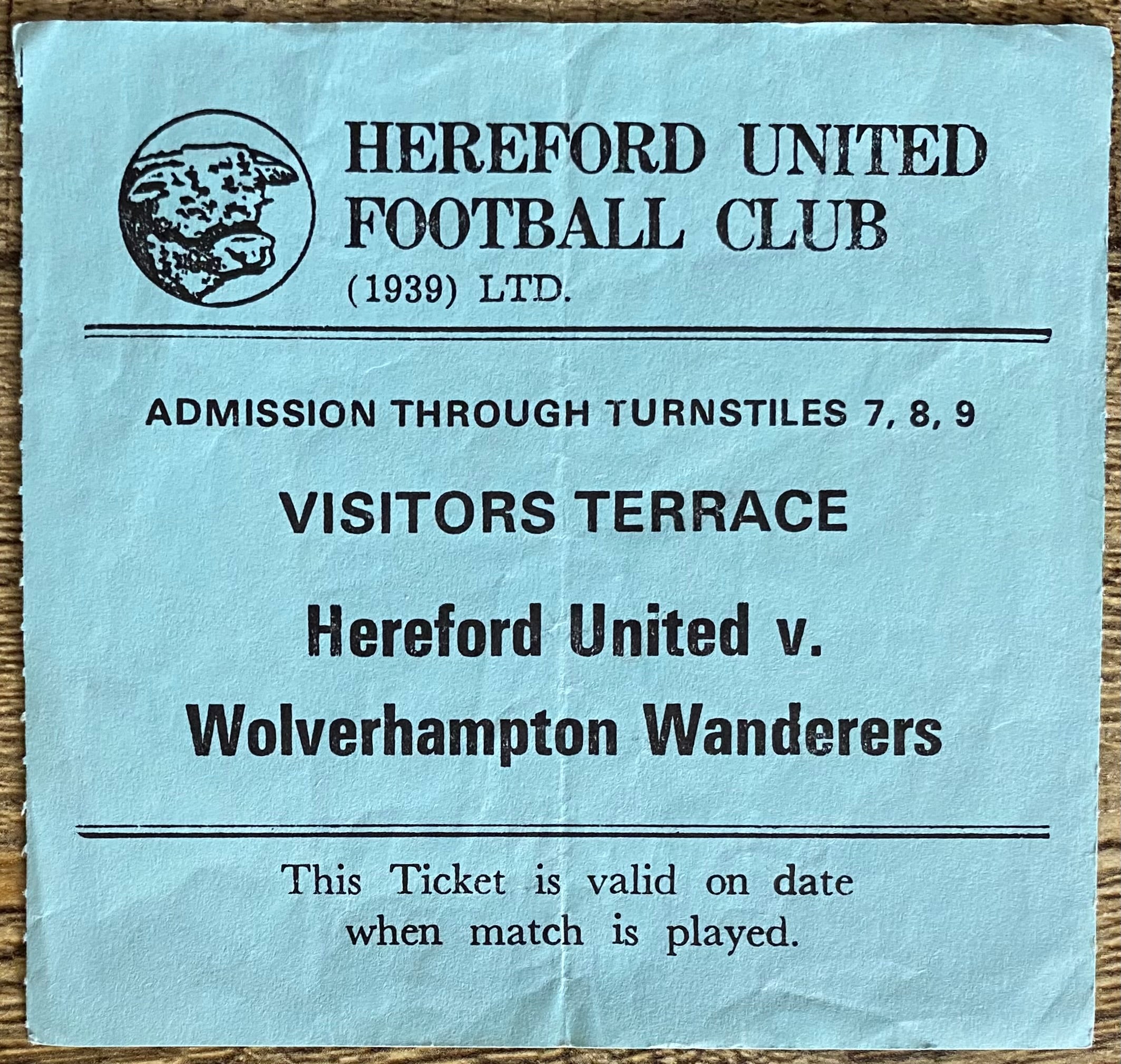 1987/88 ORIGINAL DIVISION 4 TICKET HEREFORD UNITED V WOLVERHAMPTON WANDERERS