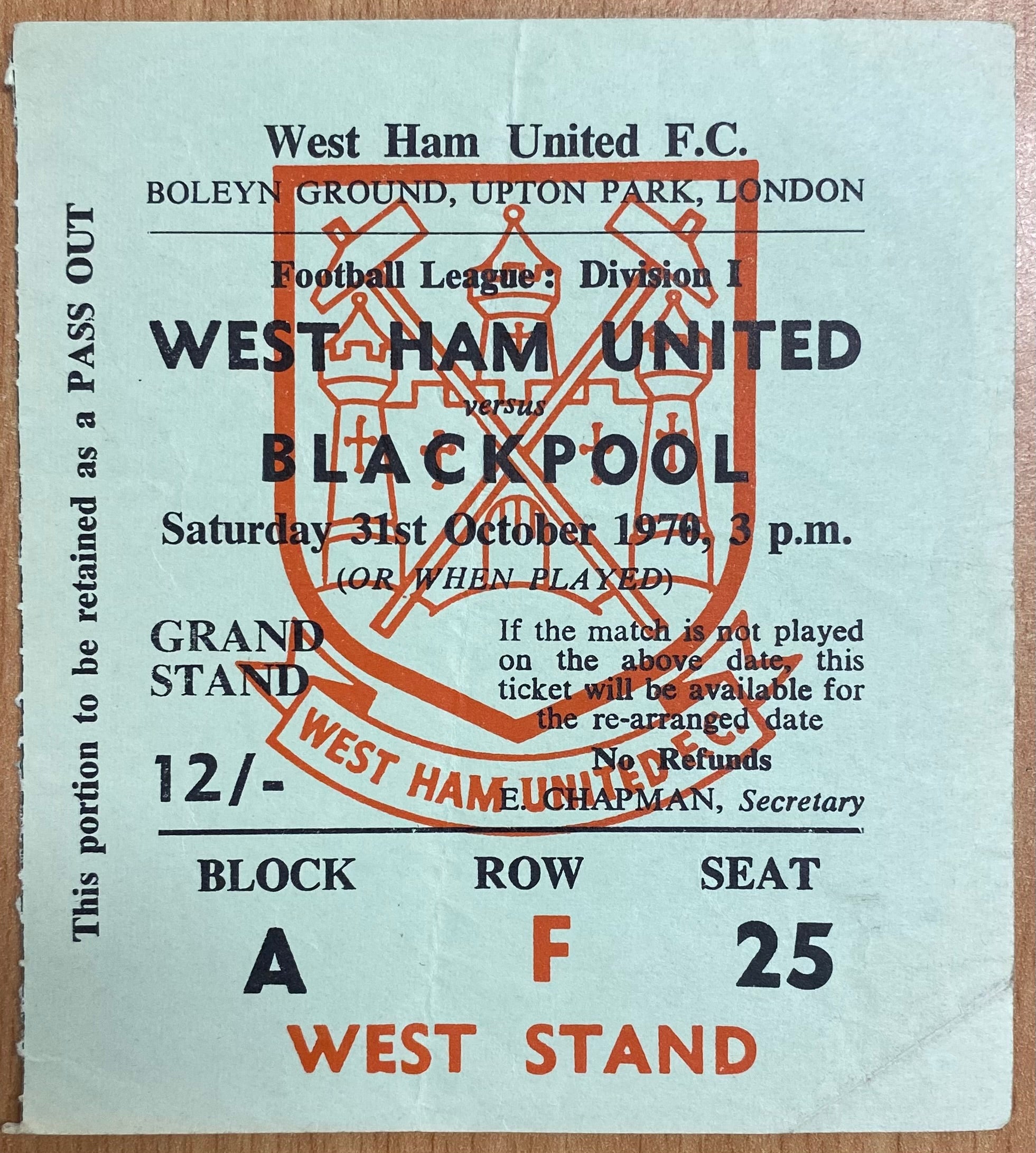 1970/71 ORIGINAL DIVISION 1 TICKET WEST HAM UNITED V BLACKPOOL