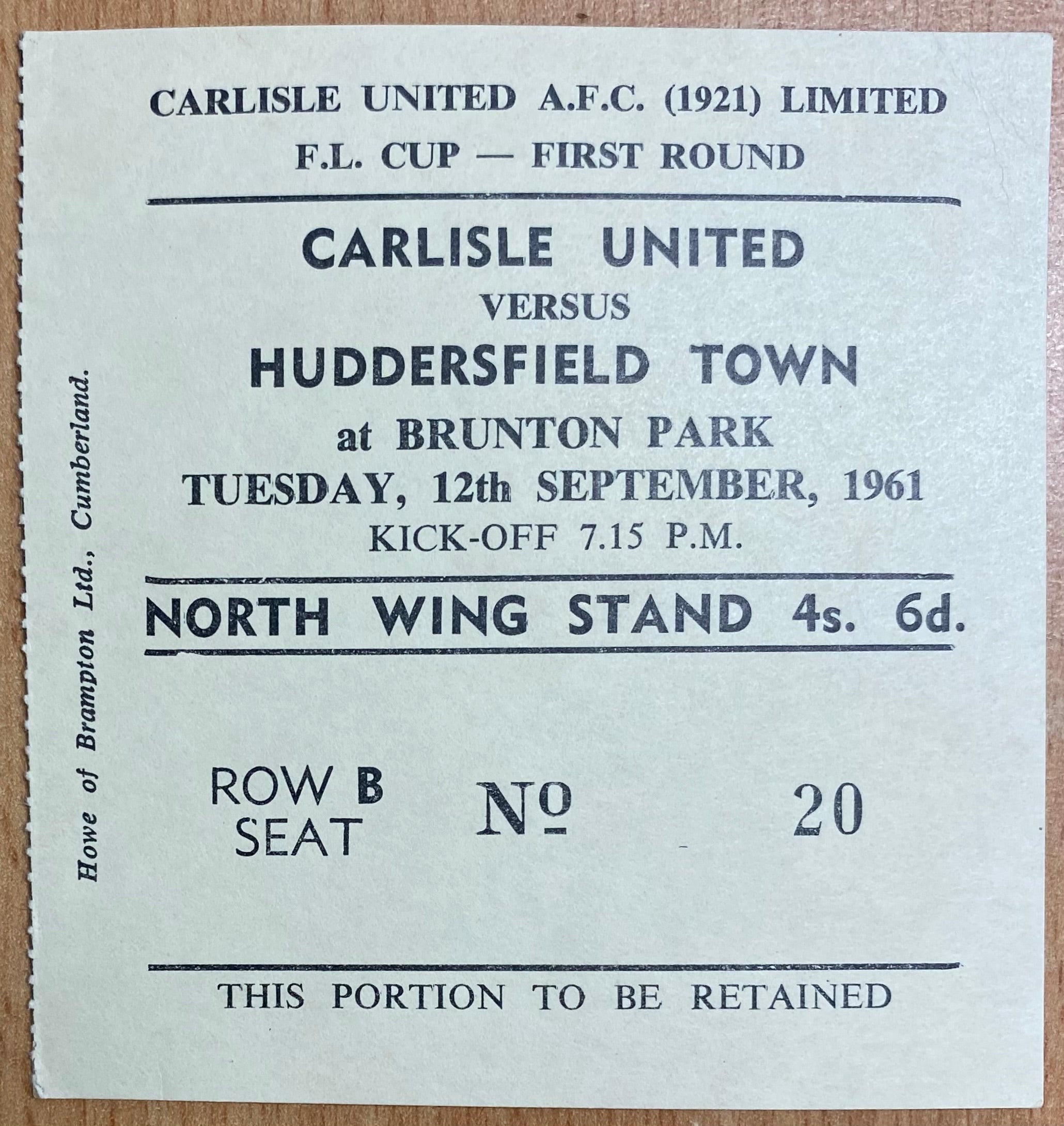1961/62 ORIGINAL FA CUP 1ST ROUND TICKET CARLISLE UNITED V HUDDERSFIELD TOWN