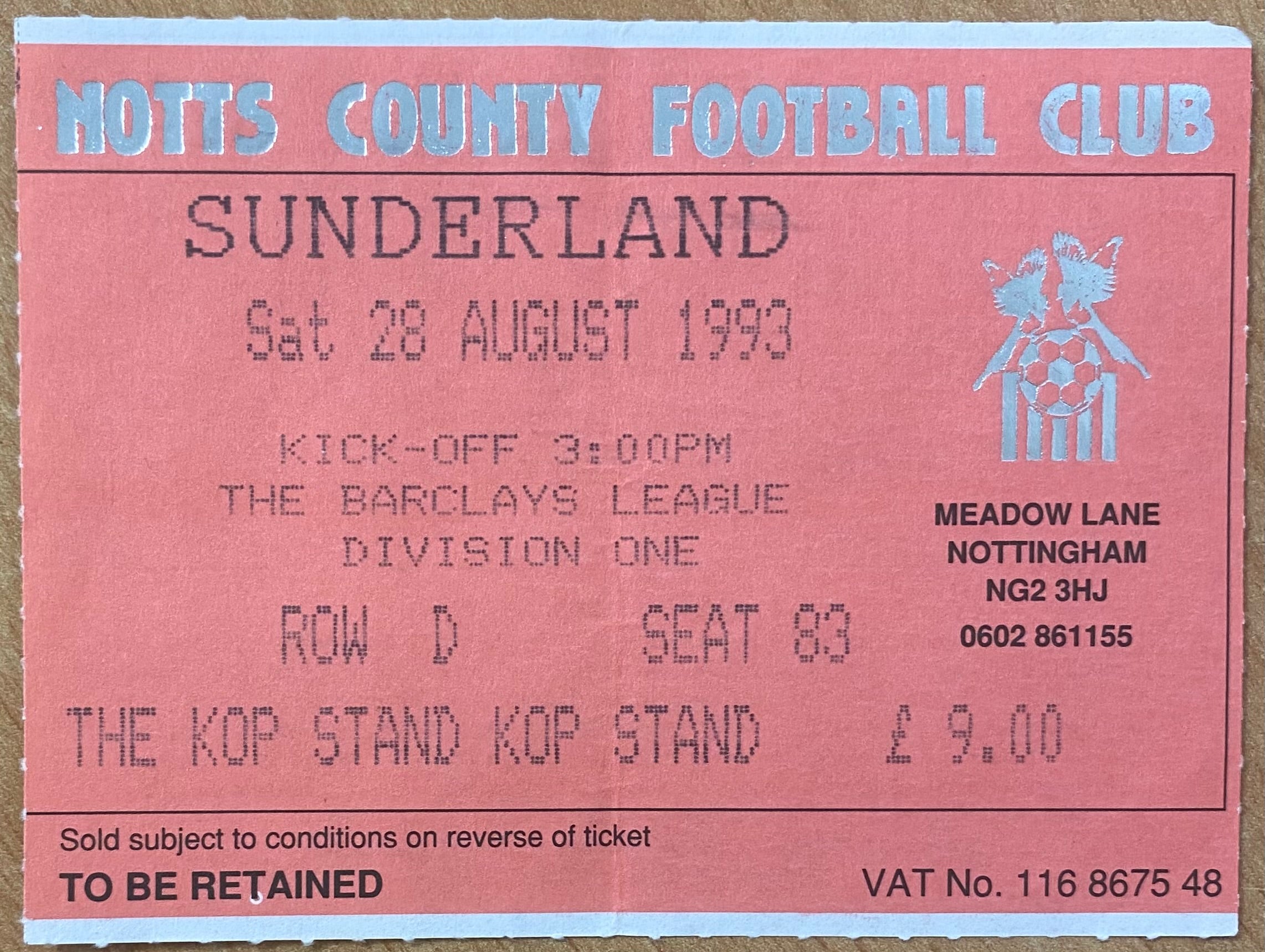 1993/94 ORIGINAL DIVISION 1 TICKET NOTTS COUNTY V SUNDERLAND