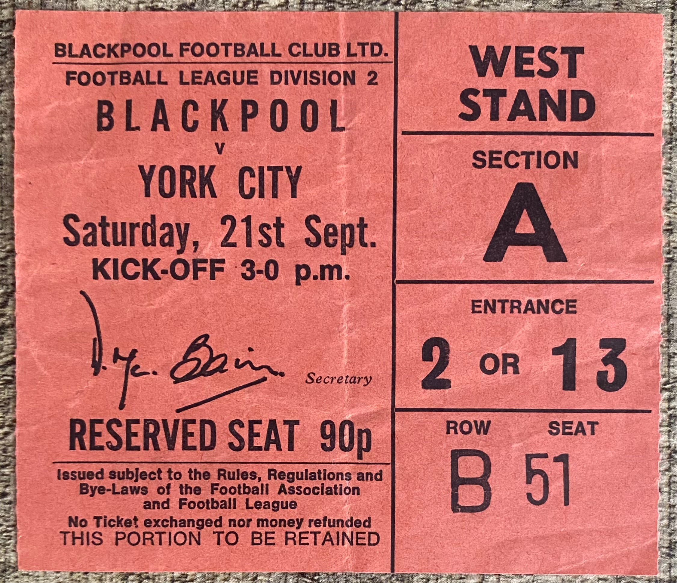 1974/75 ORIGINAL DIVISION 2 TICKET BLACKPOOL V YORK CITY