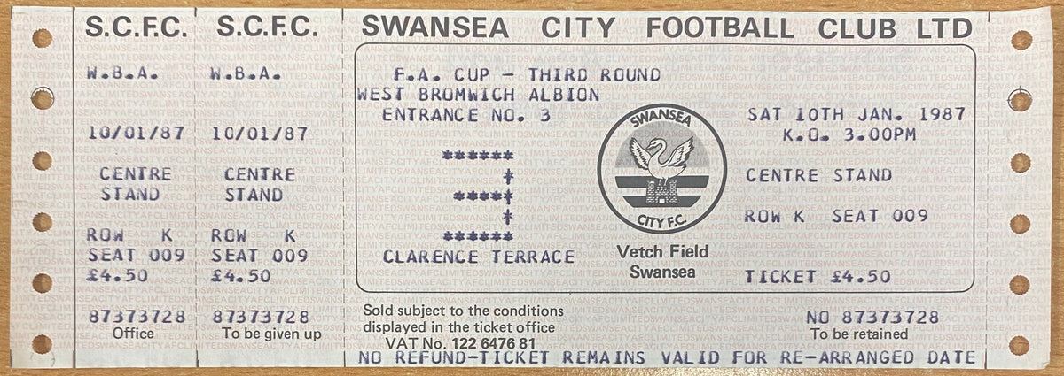 1986/87 ORIGINAL FA CUP 3RD ROUND TICKET SWANSEA CITY V WEST BROMWICH ALBION