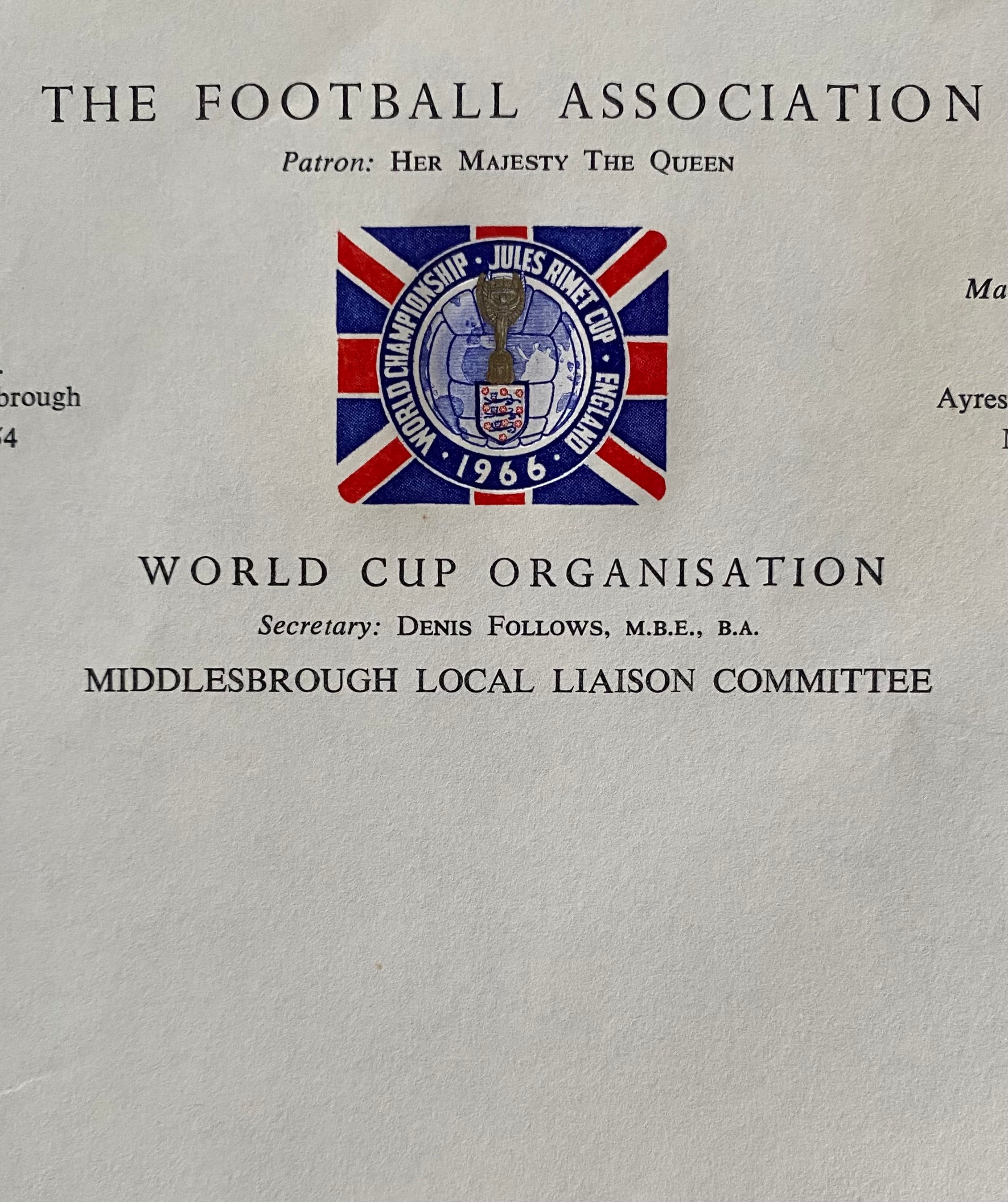 1966 WORLD CUP ORGANISATION ORIGINAL OFFICIAL UNUSED LETTER AYRESOME PARK