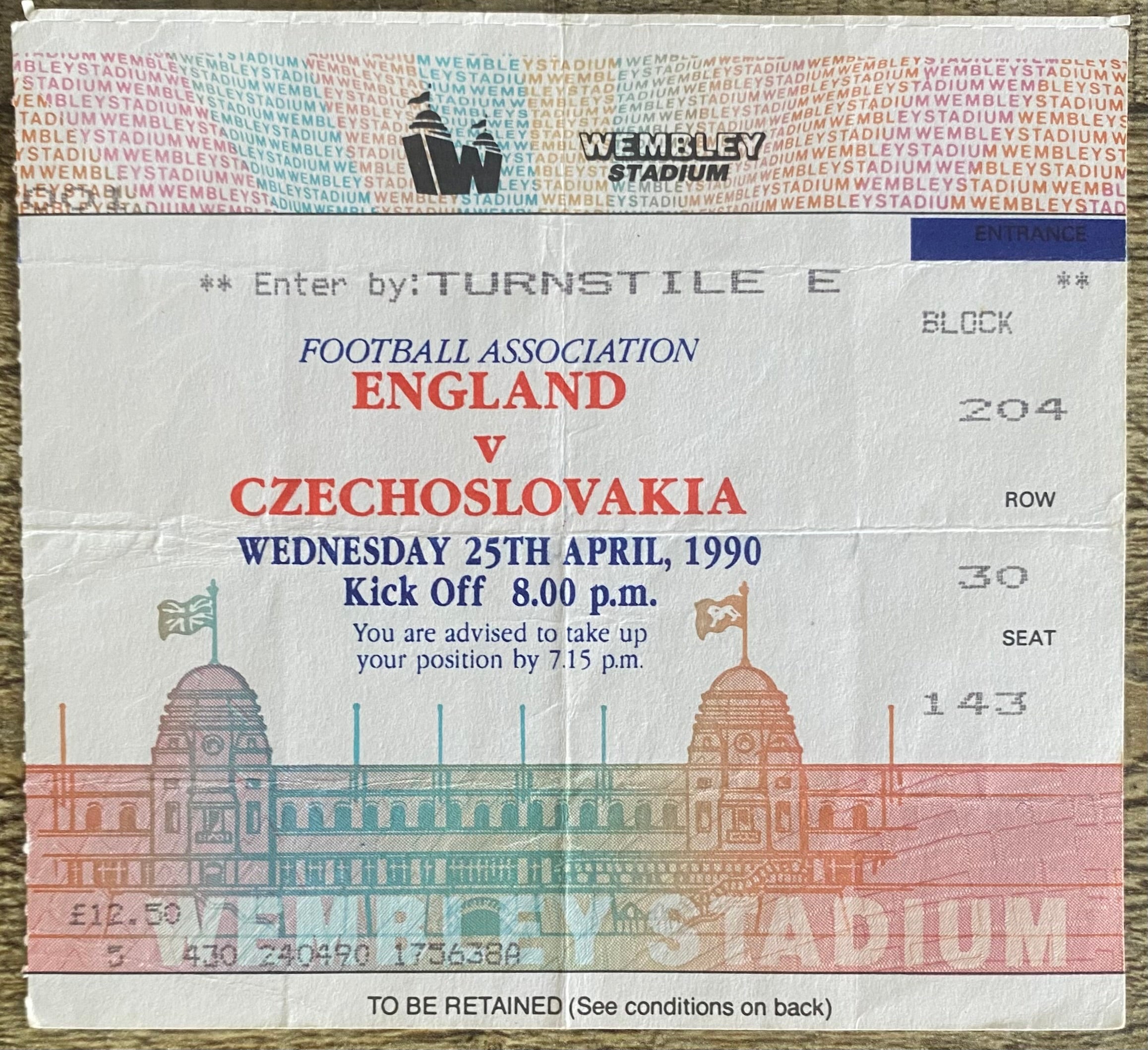 1990 ORIGINAL INTERNATIONAL TICKET ENGLAND V CZECHOSLOVAKIA