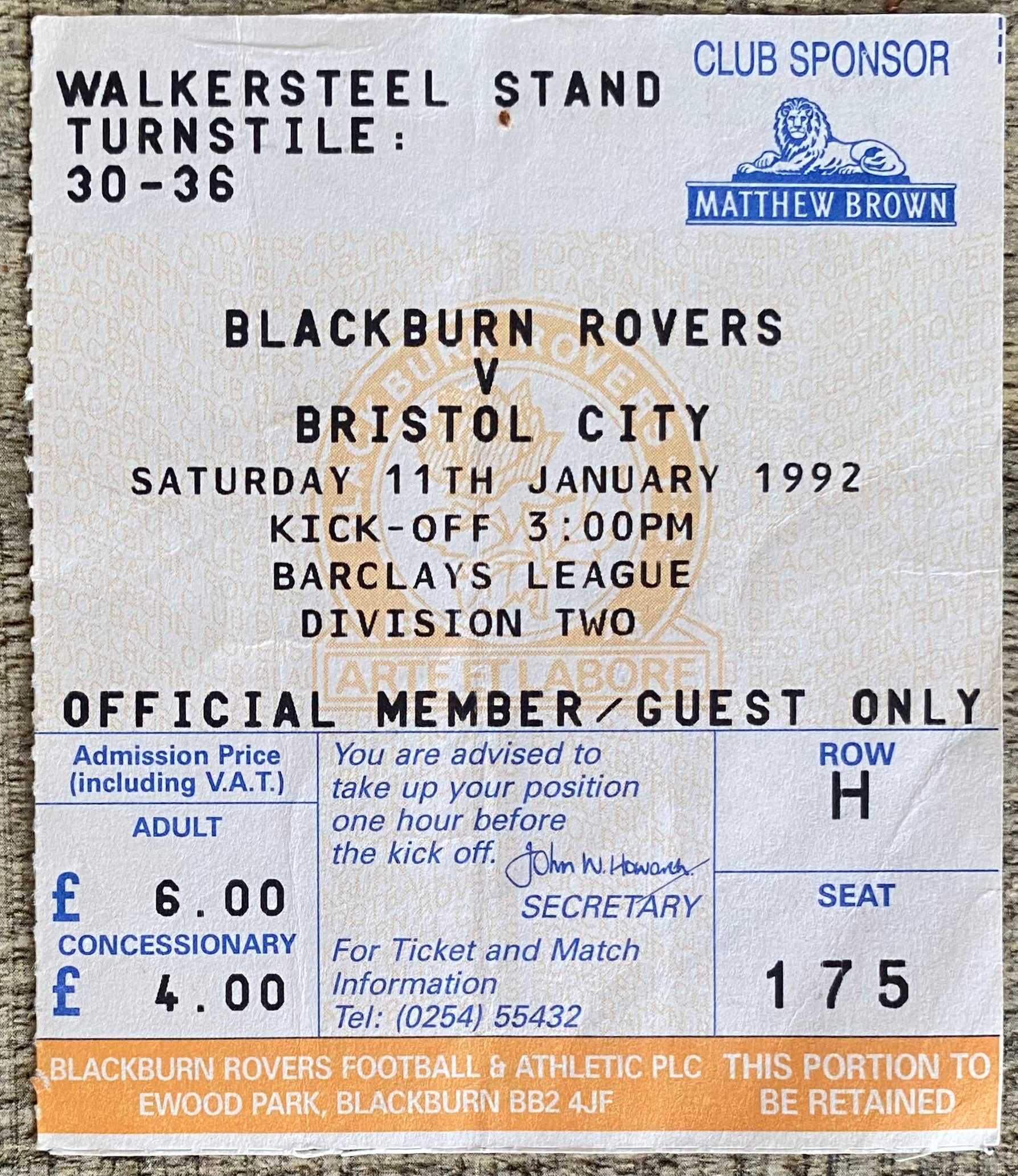 1991/92 ORIGINAL DIVISION 2 TICKET BLACKBURN ROVERS V BRISTOL CITY