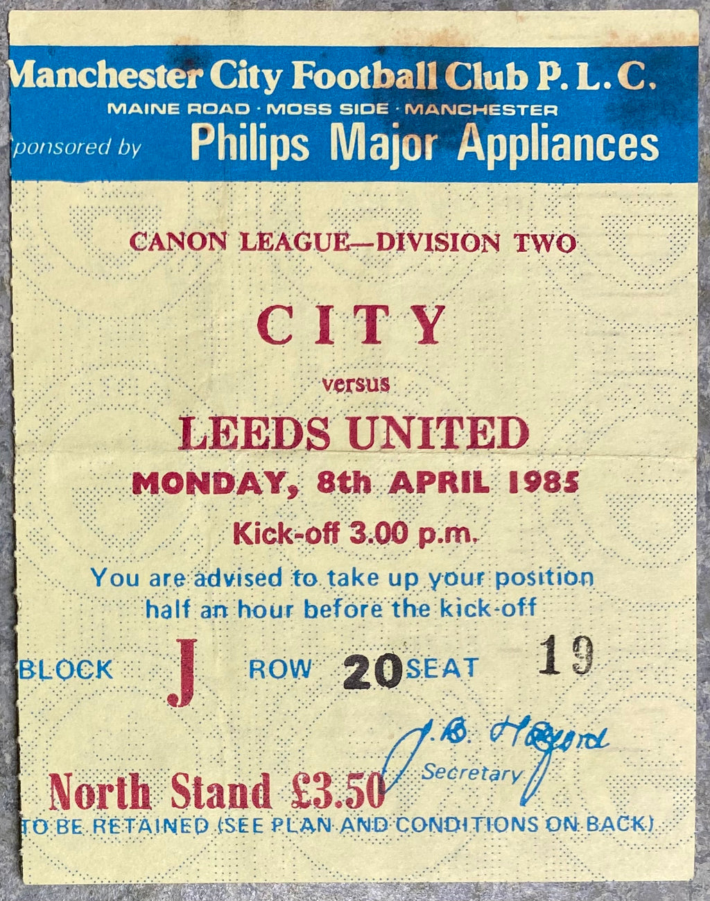 1984/85 ORIGINAL DIVISION TWO TICKET MANCHESTER CITY V LEEDS UNITED