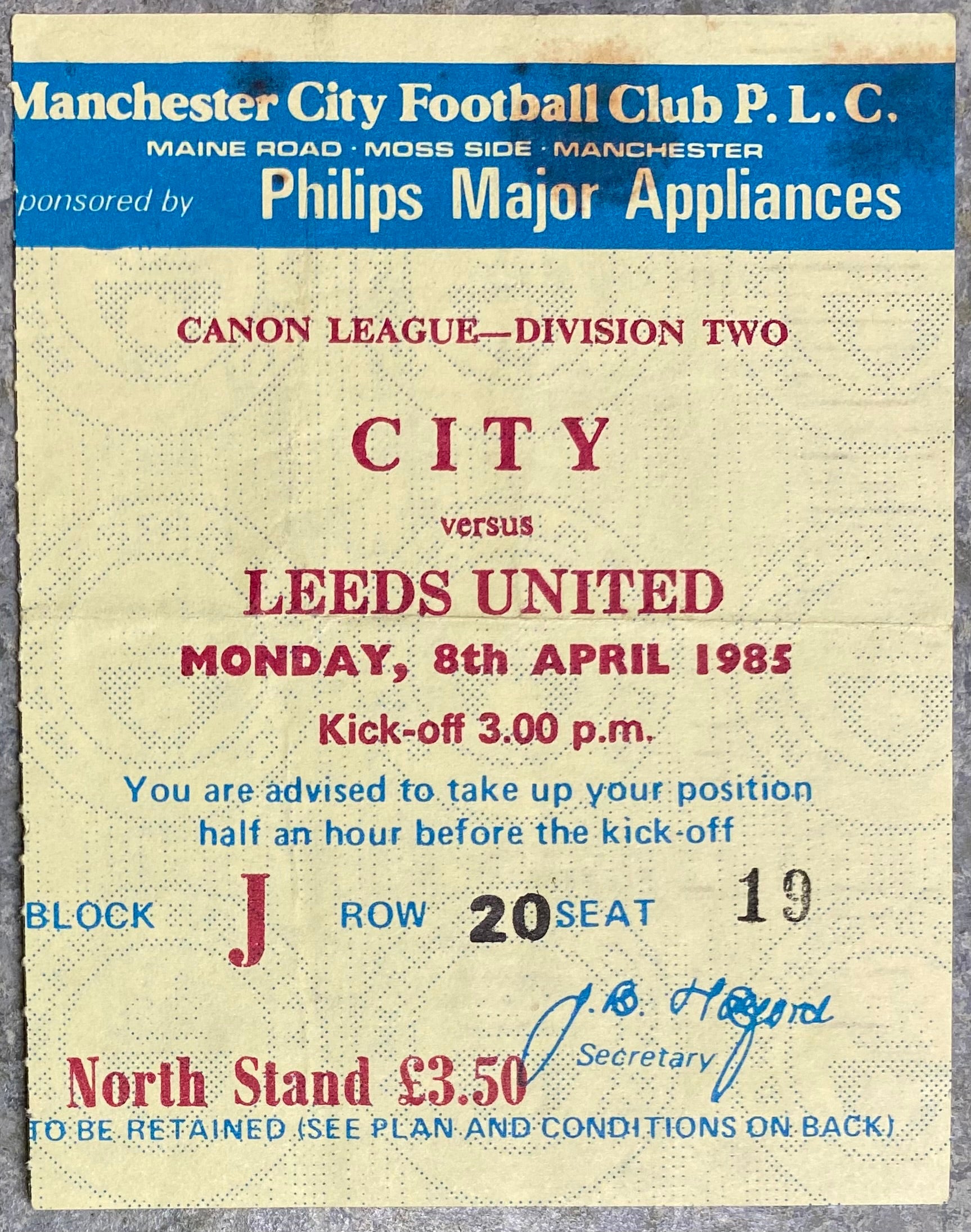 1984/85 ORIGINAL DIVISION TWO TICKET MANCHESTER CITY V LEEDS UNITED
