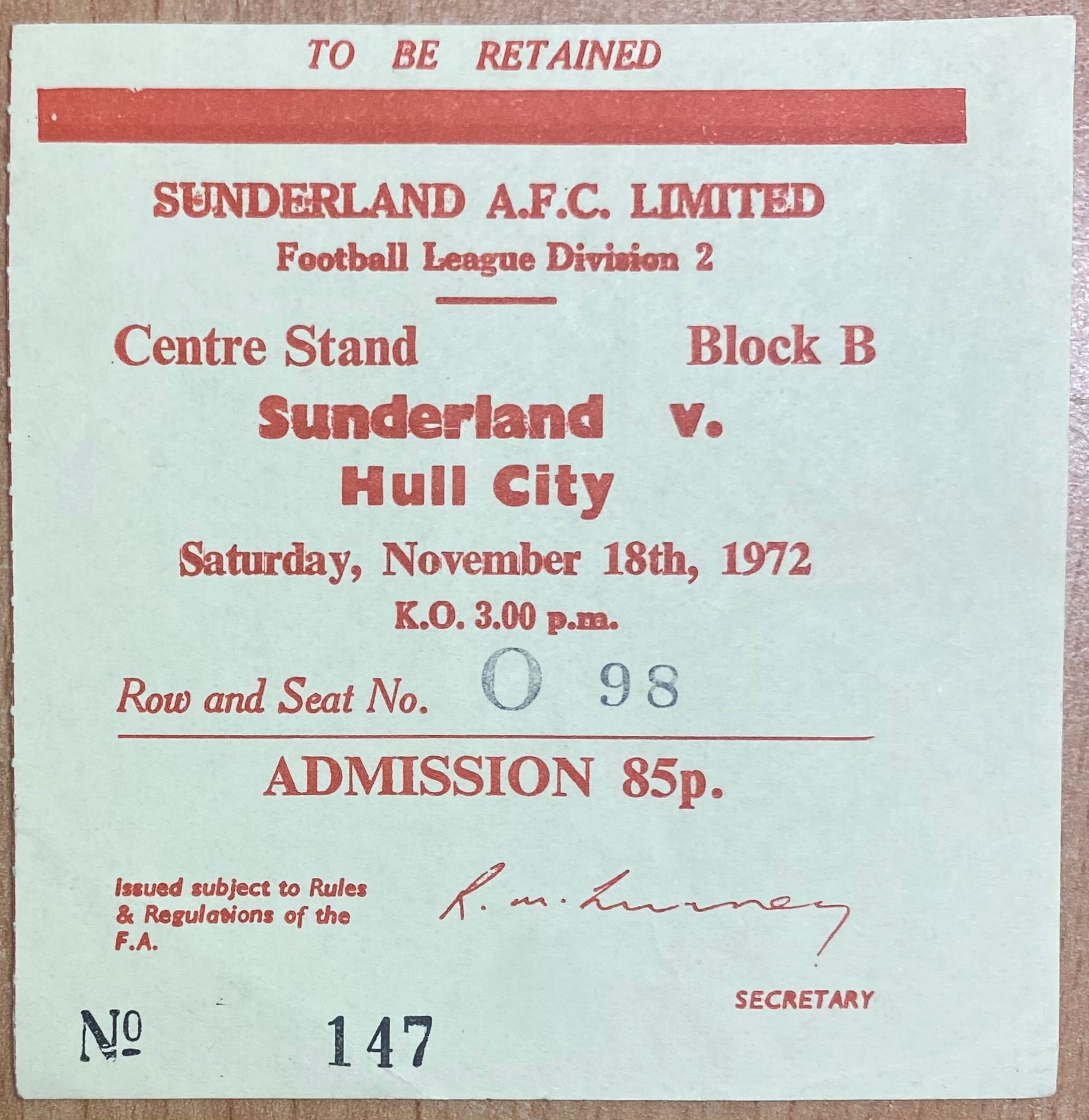 1972/73 ORIGINAL DIVISION 2 TICKET SUNDERLAND V HULL CITY