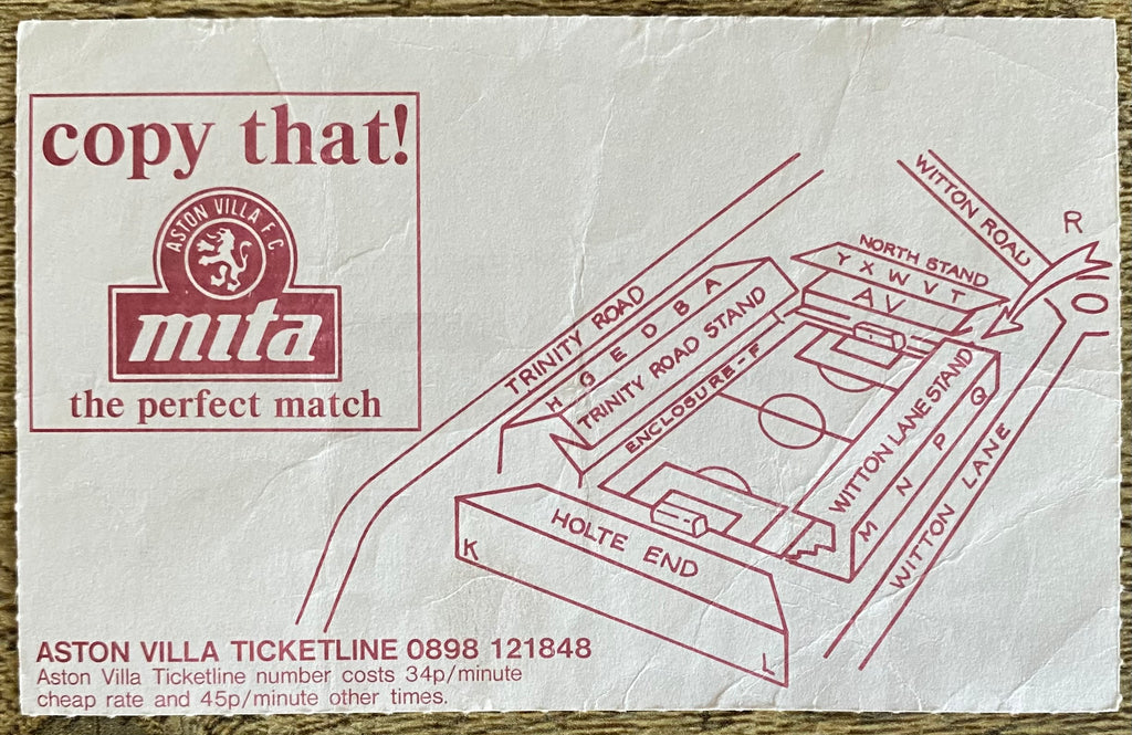 1992/93 ORIGINAL PREMIER LEAGUE TICKET ASTON VILLA V ARSENAL