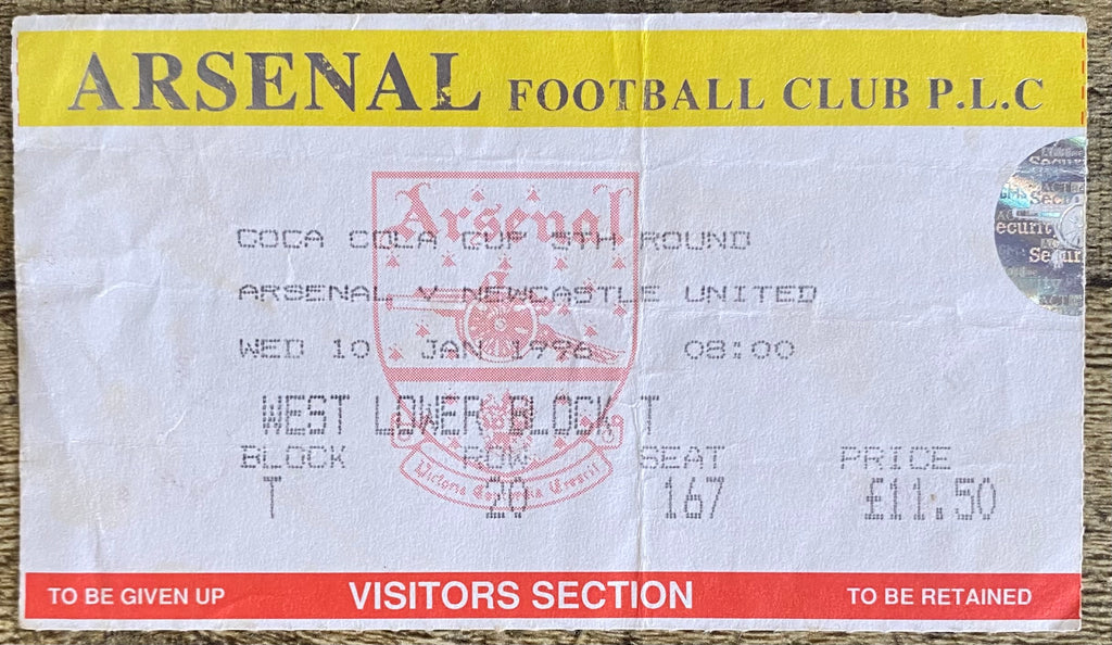 1995/96 ORIGINAL COCA COLA CUP 5TH ROUND TICKET ARSENAL V NEWCASTLE UNITED