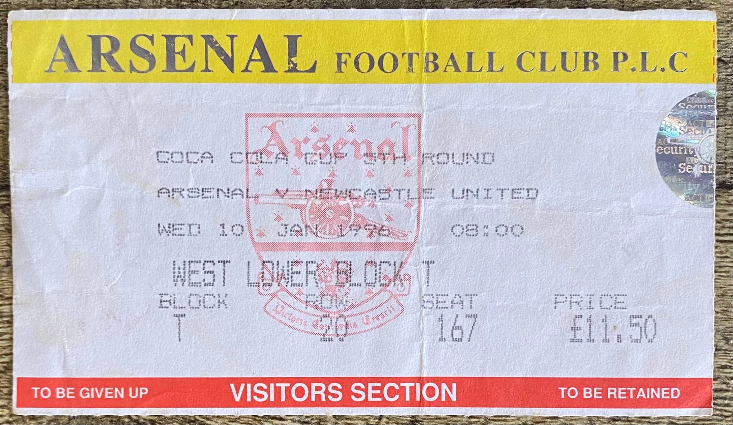1995/96 ORIGINAL COCA COLA CUP 5TH ROUND TICKET ARSENAL V NEWCASTLE UNITED